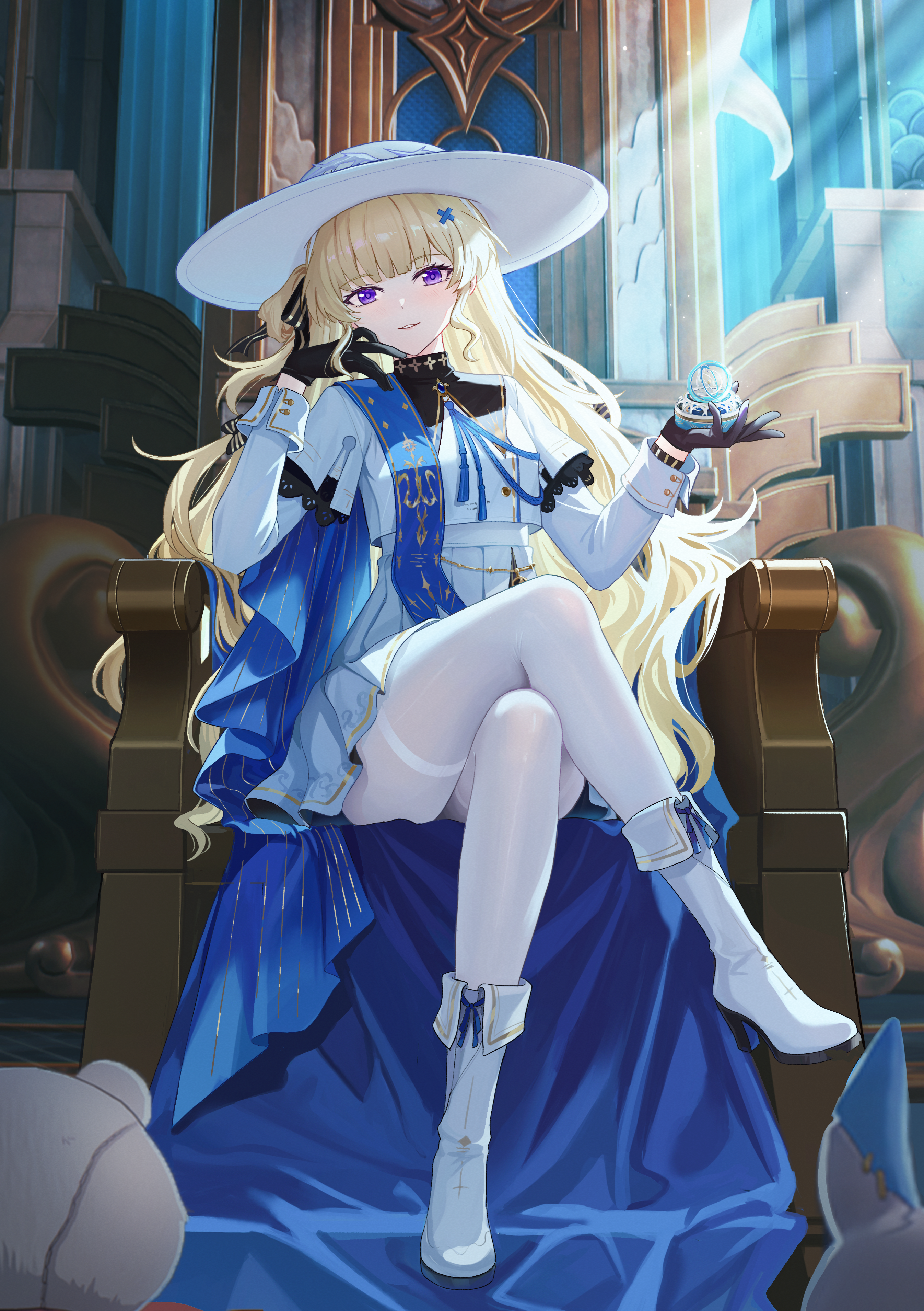 xiongji z z, phoebe (wuthering waves), wuthering waves, absurdres, chinese commentary, commentary request, highres, partial commentary, 1girl, black bow, black collar, black gloves, blonde hair, blue sash, boots, bow, breasts, collar, crossed legs, diggy duggy (wuthering waves), gloves, hair bow, hair ornament, hand up, hat, high-waist skirt, long hair, long sleeves, looking at viewer, lottie lost (wuthering waves), medium breasts, pantyhose, parted lips, purple eyes, sash, shirt, sitting, skirt, solo, striped bow, tacet discord (wuthering waves), thighband pantyhose, very long hair, white boots, white hat, white pantyhose, white shirt, white skirt, x hair ornament