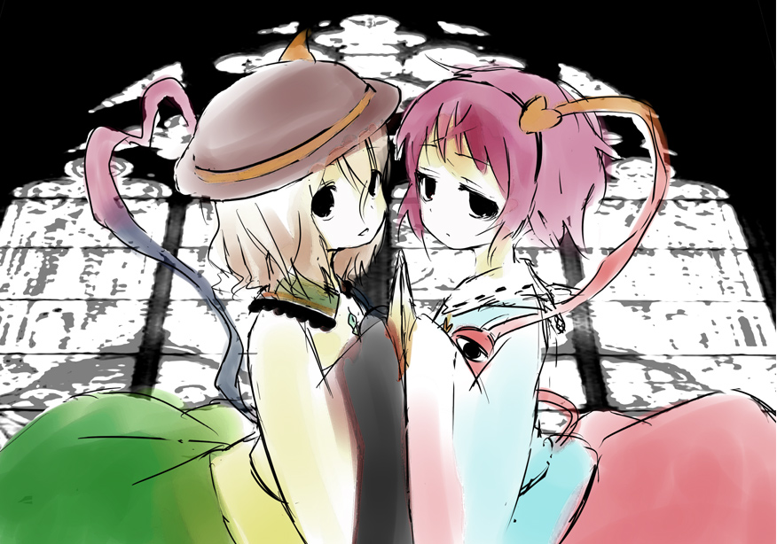 komeiji koishi, komeiji satori, touhou, 2girls, female focus, heart, heart of string, multiple girls, pink eyes, pink hair, siblings, sisters