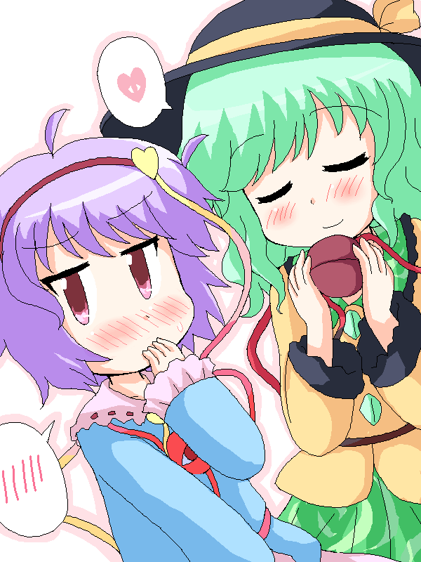 geetsu, komeiji koishi, komeiji satori, touhou, 2girls, blush, closed eyes, female focus, green hair, hat, heart, multiple girls, pink eyes, pink hair, purple hair, red eyes, short hair, siblings, sisters, speech bubble, spoken blush, spoken heart