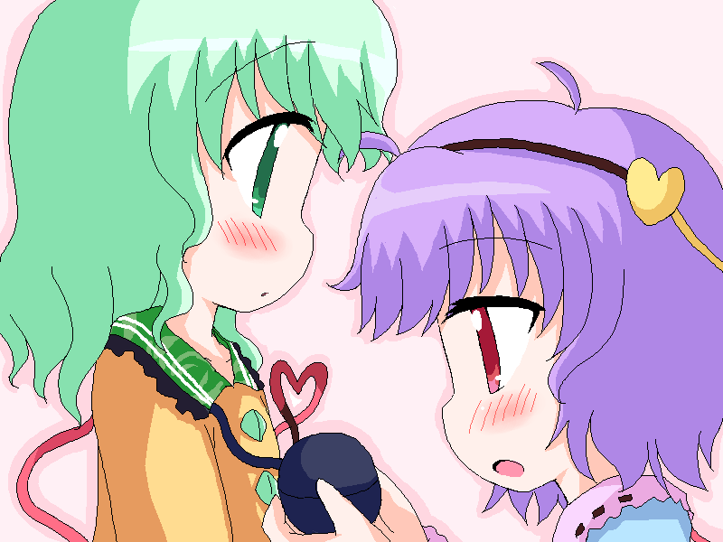 geetsu, komeiji koishi, komeiji satori, touhou, 2girls, female focus, green eyes, green hair, heart, heart of string, multiple girls, pink eyes, pink hair, purple hair, red eyes, siblings, sisters