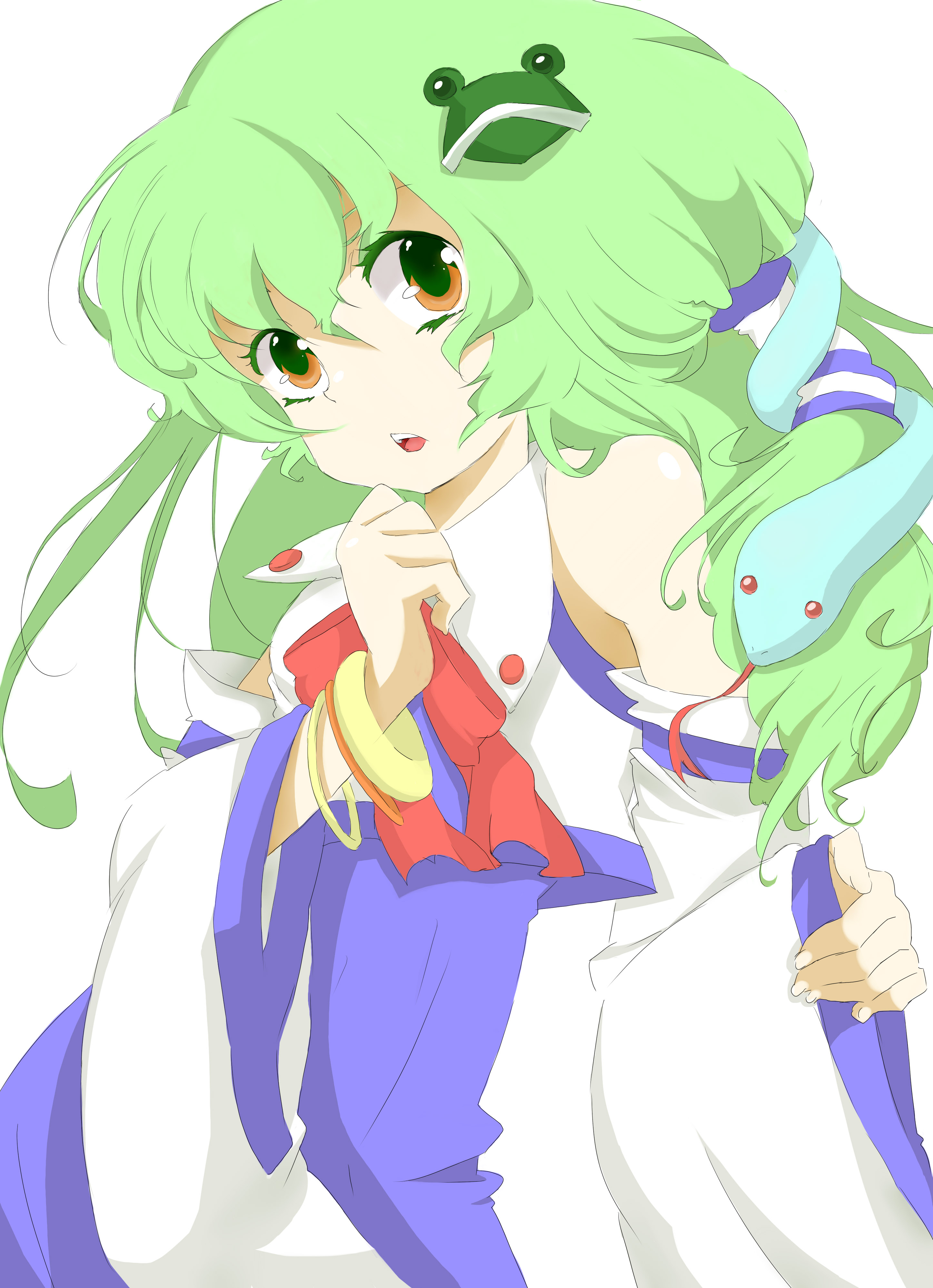 kochiya sanae, touhou, absurdres, highres, 1girl, bare shoulders, bracelet, detached sleeves, female focus, green hair, jewelry, solo
