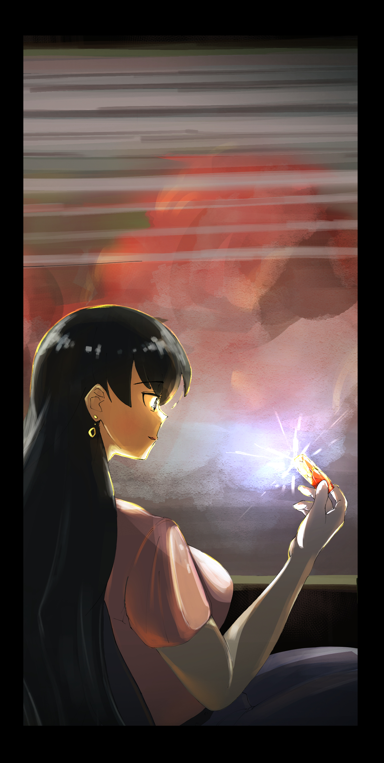 arato nagi, ruri no houseki, absurdres, commentary, highres, 1girl, black border, black hair, blue eyes, blue pants, border, breasts, earrings, glint, holding, holding rock, jewelry, large breasts, long hair, pants, pink shirt, rock, shirt, short sleeves, sitting, sunset, user nmwp4827, window, window blinds