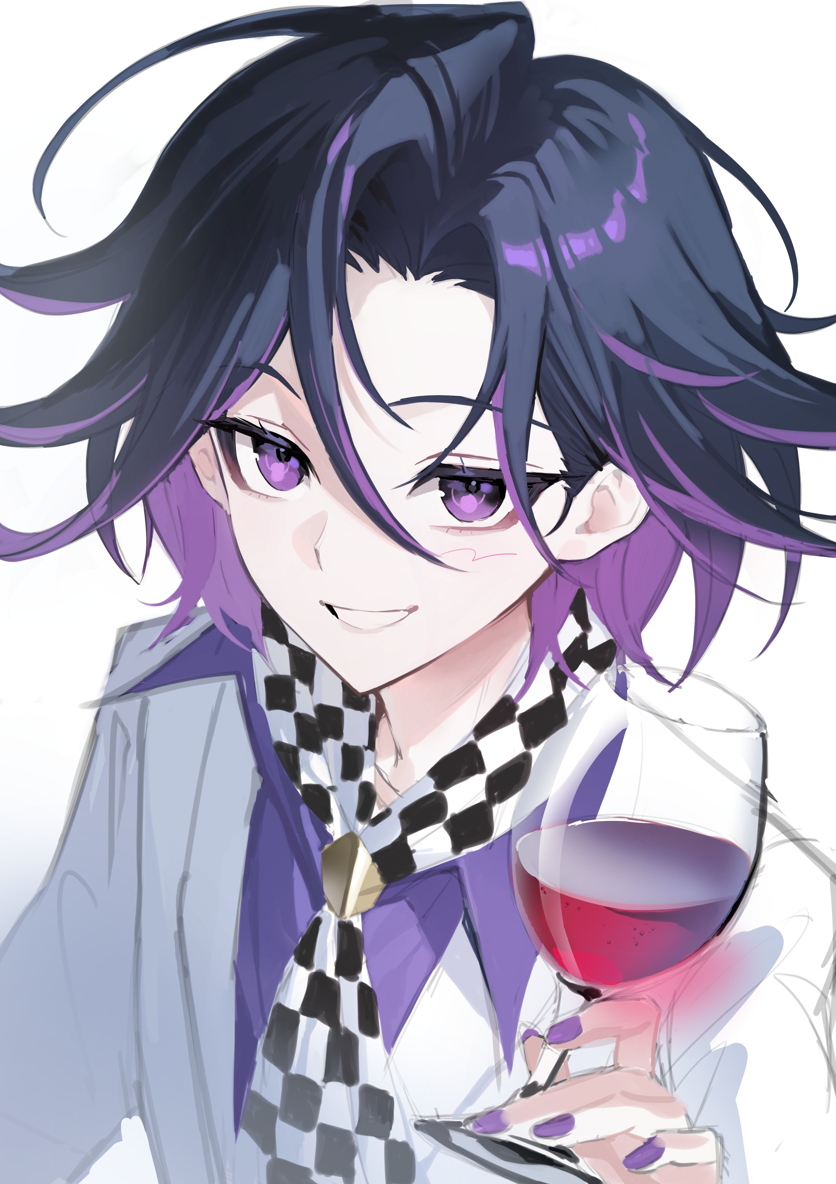 ttegi (ddeck dg), oma kokichi, danganronpa (series), danganronpa v3: killing harmony, absurdres, highres, 1boy, alcohol, black hair, cup, danganronpa 10th anniversary costume, grin, hair between eyes, holding, holding cup, jacket, male focus, multicolored hair, pink eyes, pink hair, short hair, simple background, smile, solo, teeth, two-tone hair, white background, white jacket, wine