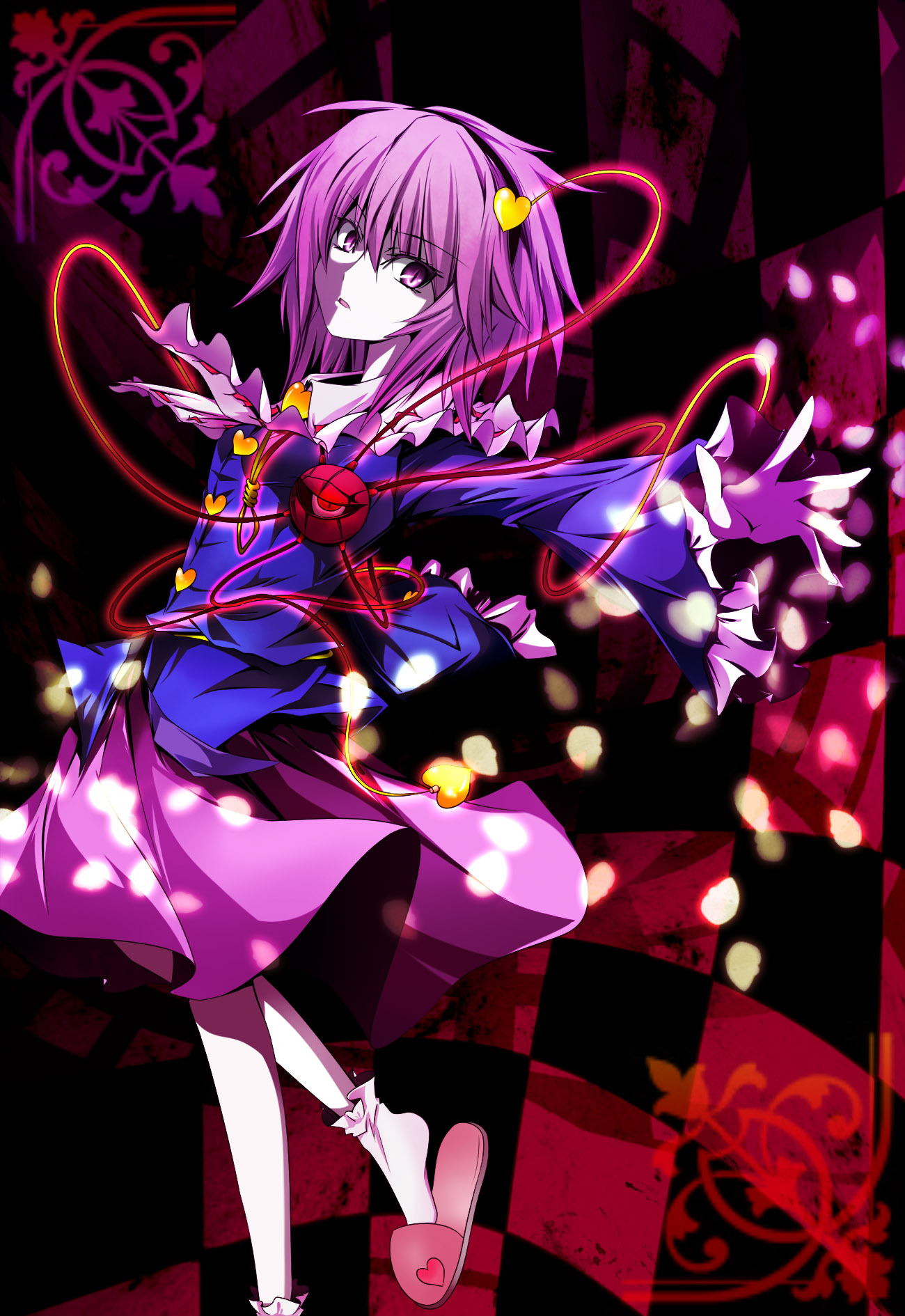 kanaria (fuusenkazura), komeiji satori, touhou, highres, 1girl, female focus, heart, pink eyes, pink hair, solo, standing
