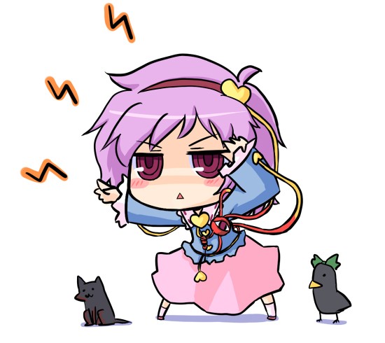 nekoyama, kaenbyou rin, kaenbyou rin (cat), komeiji satori, reiuji utsuho, reiuji utsuho (bird), touhou, duplicate, 1girl, :<, blush, chibi, female focus, heart, pink eyes, pink hair, triangle mouth
