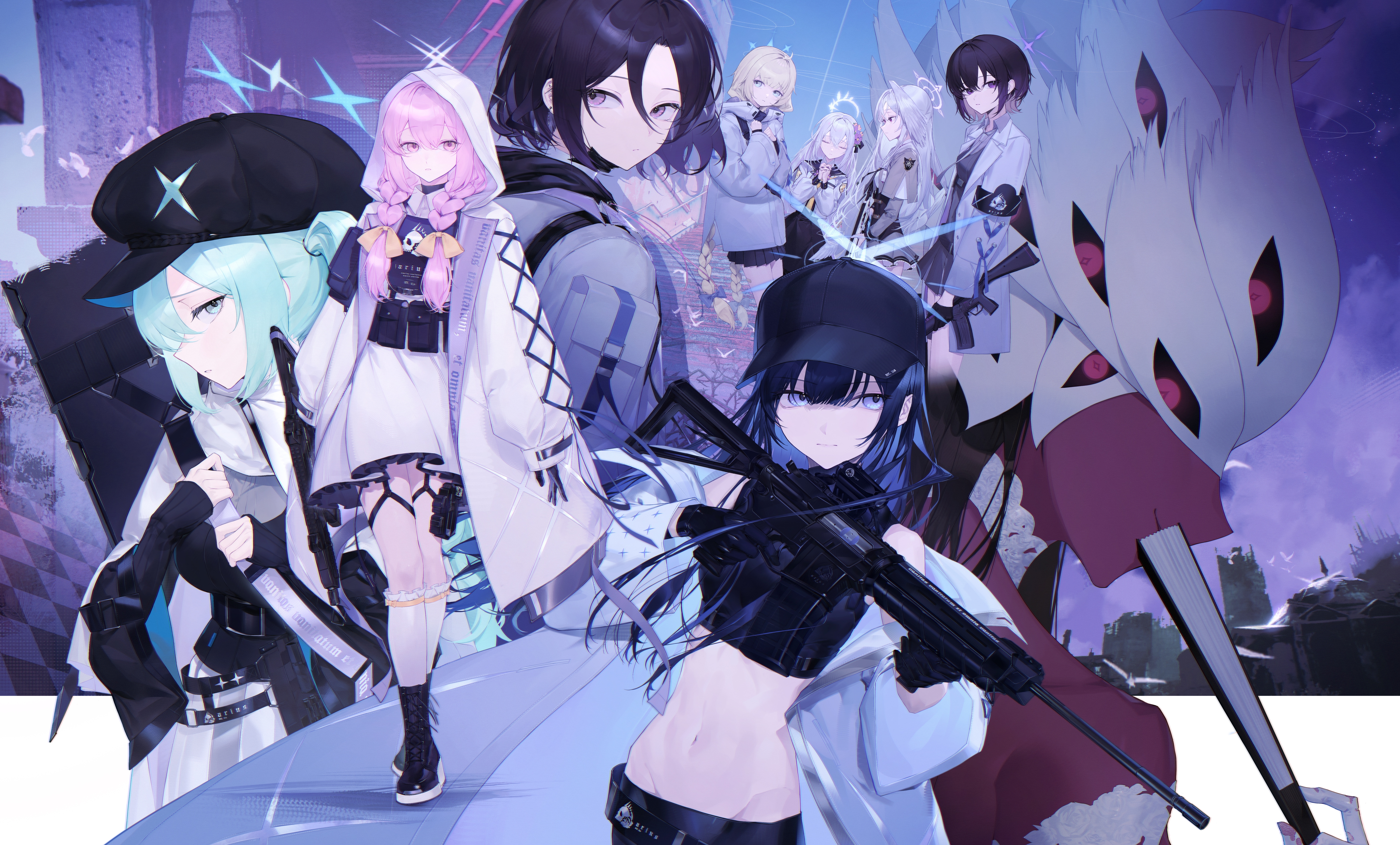 14yuruis, arius squad (blue archive), atsuko (blue archive), azusa (blue archive), beatrice (blue archive), hiyori (blue archive), maia (blue archive), misaki (blue archive), saori (blue archive), subaru (blue archive), suzumi (blue archive), blue archive, sig sauer, absurdres, highres, 6+girls, armband, assault rifle, belt, blue eyes, blue hair, brown hair, colored skin, cz scorpion evo 3, gun, h&k hk33, halo, hat, hood, hoodie, multiple girls, multiple wings, pink eyes, pink hair, red skin, rifle, seraph, sig 516, sig mcx, submachine gun, weapon, wings