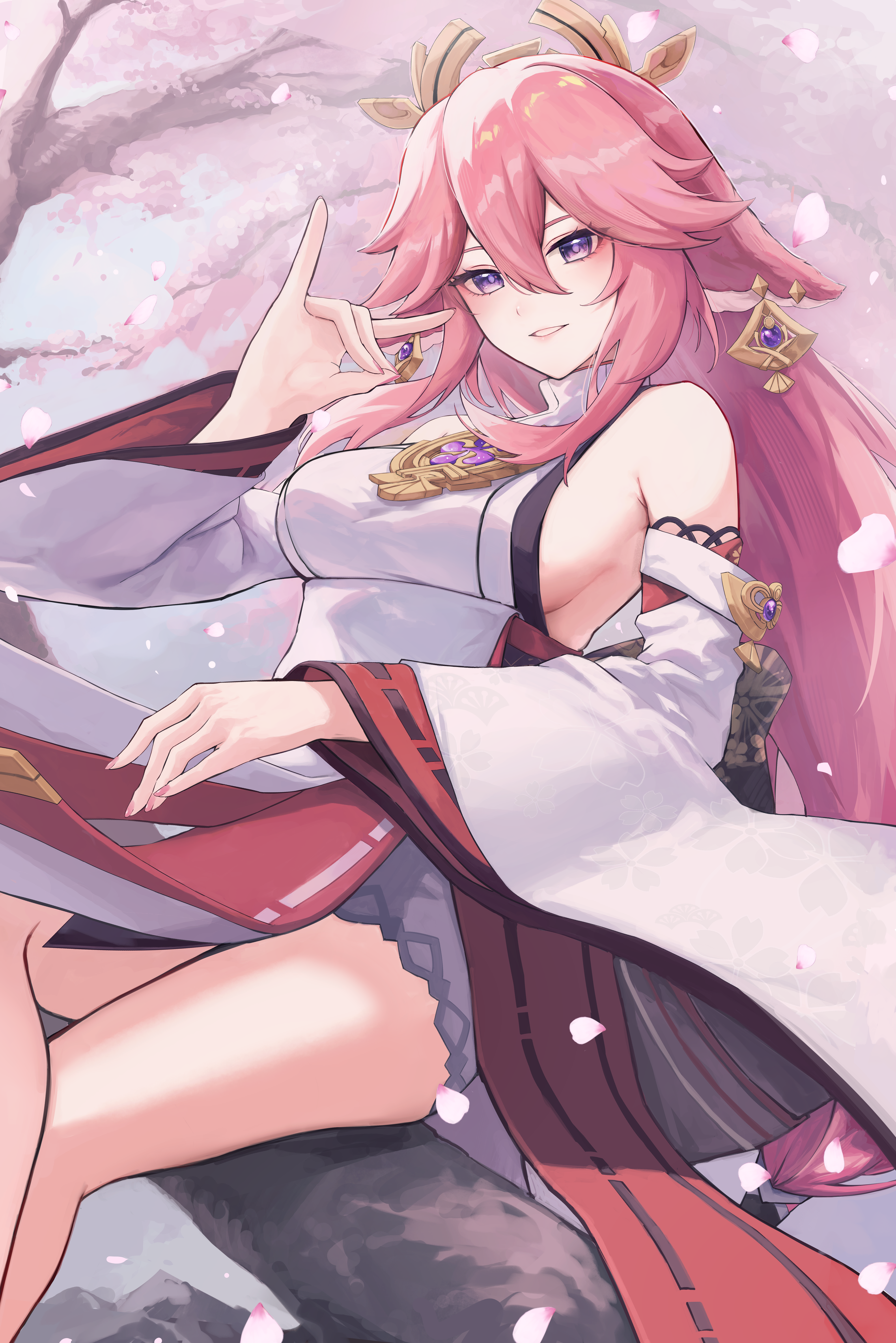 hal aluha, yae miko, genshin impact, absurdres, commentary, highres, 1girl, animal ears, bare shoulders, breasts, detached sleeves, feet out of frame, fox ears, fox shadow puppet, grin, hair between eyes, hand up, long hair, long sleeves, looking at viewer, medium breasts, pink hair, purple eyes, shirt, sitting, sleeveless, sleeveless shirt, smile, solo, thighs, very long hair, white shirt