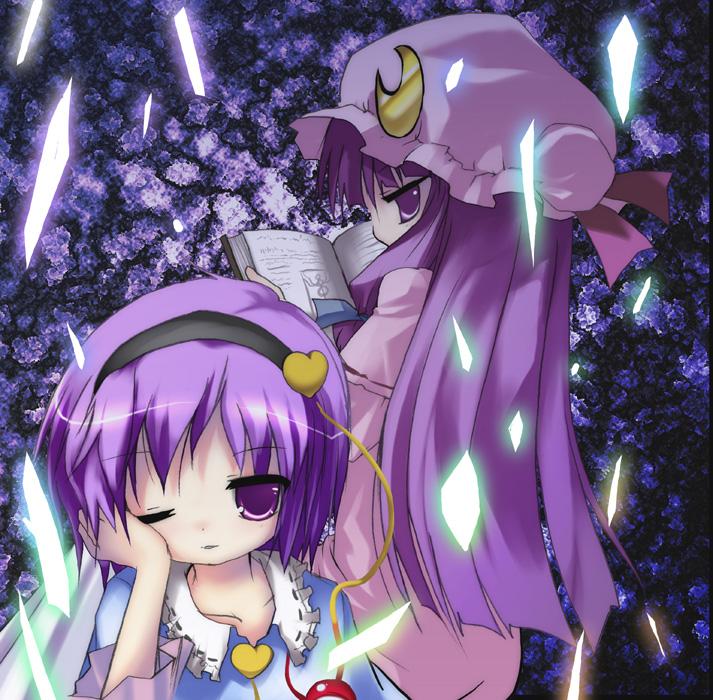 izumi yukiru, komeiji satori, patchouli knowledge, touhou, 2girls, female focus, heart, multiple girls, pink eyes, pink hair, purple eyes, purple hair