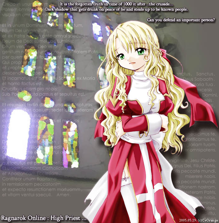 high priest (ragnarok online), ragnarok online, commentary request, 1girl, 2000s (style), 2005, arms under breasts, back bow, blonde hair, bow, breasts, character name, closed mouth, copyright name, cowboy shot, crossed arms, dated, dress, english text, engrish text, garter straps, green eyes, juliet sleeves, latin text, long hair, long sleeves, medium breasts, photo background, puffy sleeves, ranguage, red dress, sash, solo, stained glass, thighhighs, two-tone dress, wavy hair, white bow, white dress, white sash, white thighhighs, yuzu (myrica)