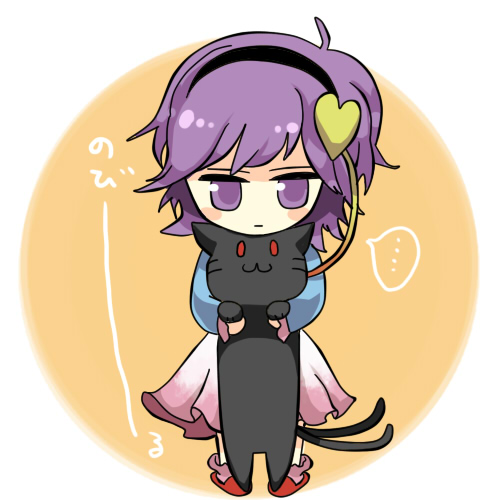 kaenbyou rin, kaenbyou rin (cat), komeiji satori, touhou, bad id, bad pixiv id, lowres, 1girl, :3, ahoge, chibi, female focus, full body, hairband, heart, multiple tails, pink eyes, pink hair, purple eyes, purple hair, short hair, solo, speech bubble, standing, tail