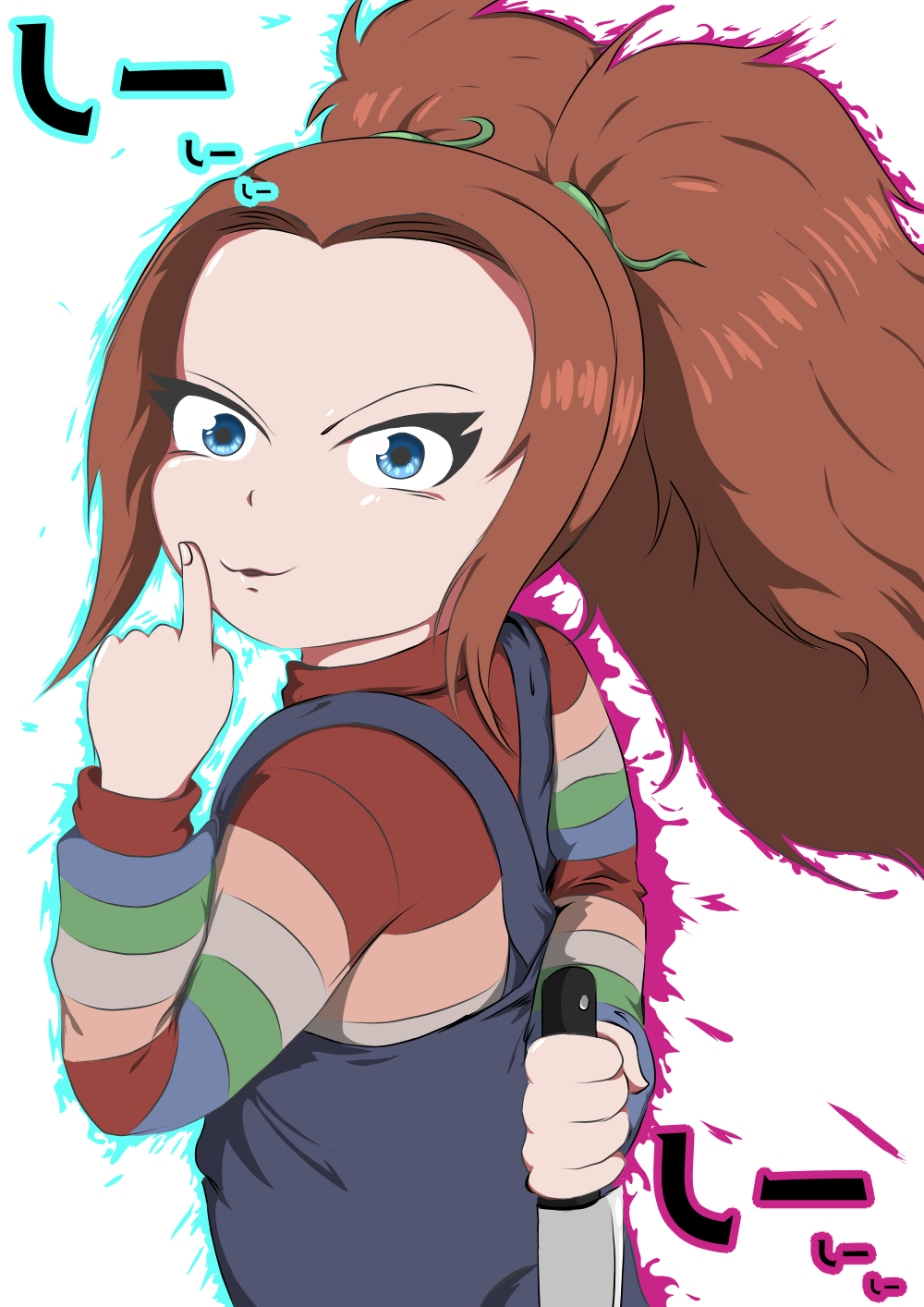hushabye, chucky, original, highres, non-web source, blue eyes, blue overalls, brown hair, chucky (cosplay), chuckygirl, cosplay, doll, dollsxisekai, holding, holding knife, knife, looking back, lying, on back, overall shorts, overalls, short twintails, twintails, white background