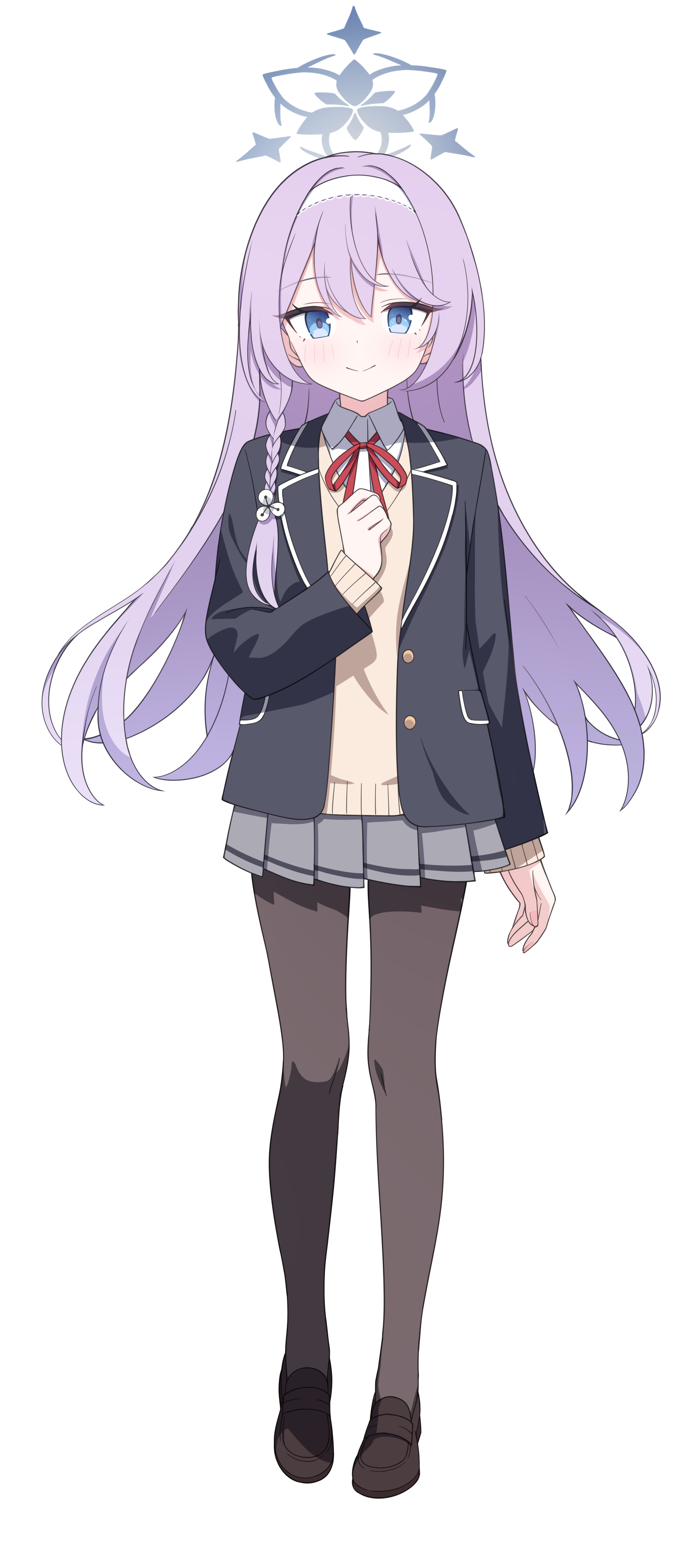 jyt, blue archive, original, absurdres, game cg, highres, large variant set, variant set, 1girl, arm at side, black jacket, blazer, blue eyes, blush, braid, brown pantyhose, brown shoes, brown sweater, buttons, closed mouth, collared shirt, double-parted bangs, full body, gradient eyes, gradient halo, grey halo, grey skirt, hair between eyes, hair ornament, hairband, halo, hand on own chest, hand up, jacket, lapels, layered sleeves, long hair, long sleeves, looking at viewer, miniskirt, multicolored eyes, multicolored halo, neck ribbon, open clothes, open jacket, pantyhose, pleated skirt, pocket, purple hair, red ribbon, ribbon, school uniform, shirt, shoes, side braid, sidelocks, simple background, single braid, skirt, smile, solo, split mouth, standing, straight-on, straight hair, sweater, tachi-e, transparent background, white hairband, white shirt