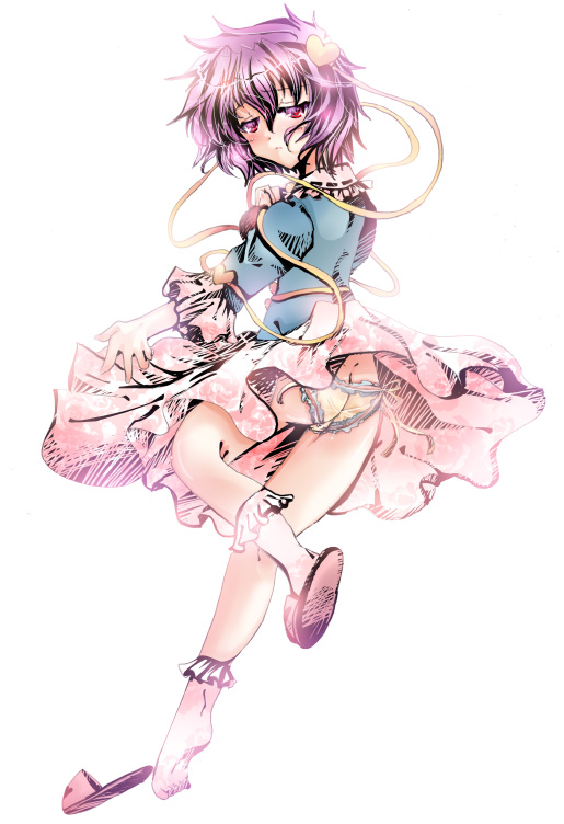 komeiji satori, touhou, 1girl, female focus, heart, panties, pink eyes, pink hair, skirt, solo, underwear, white background