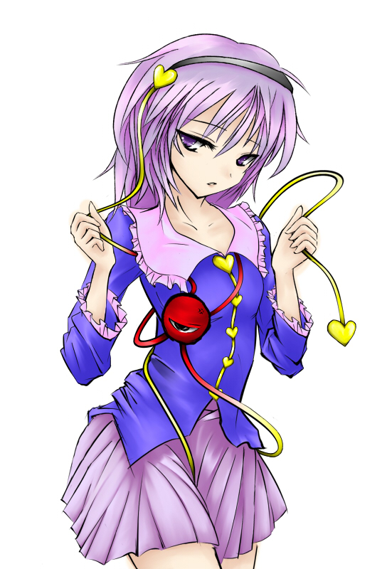 komeiji satori, touhou, 1girl, female focus, hair between eyes, hairband, heart, miniskirt, pink eyes, pink hair, purple eyes, purple hair, simple background, skirt, solo, white background