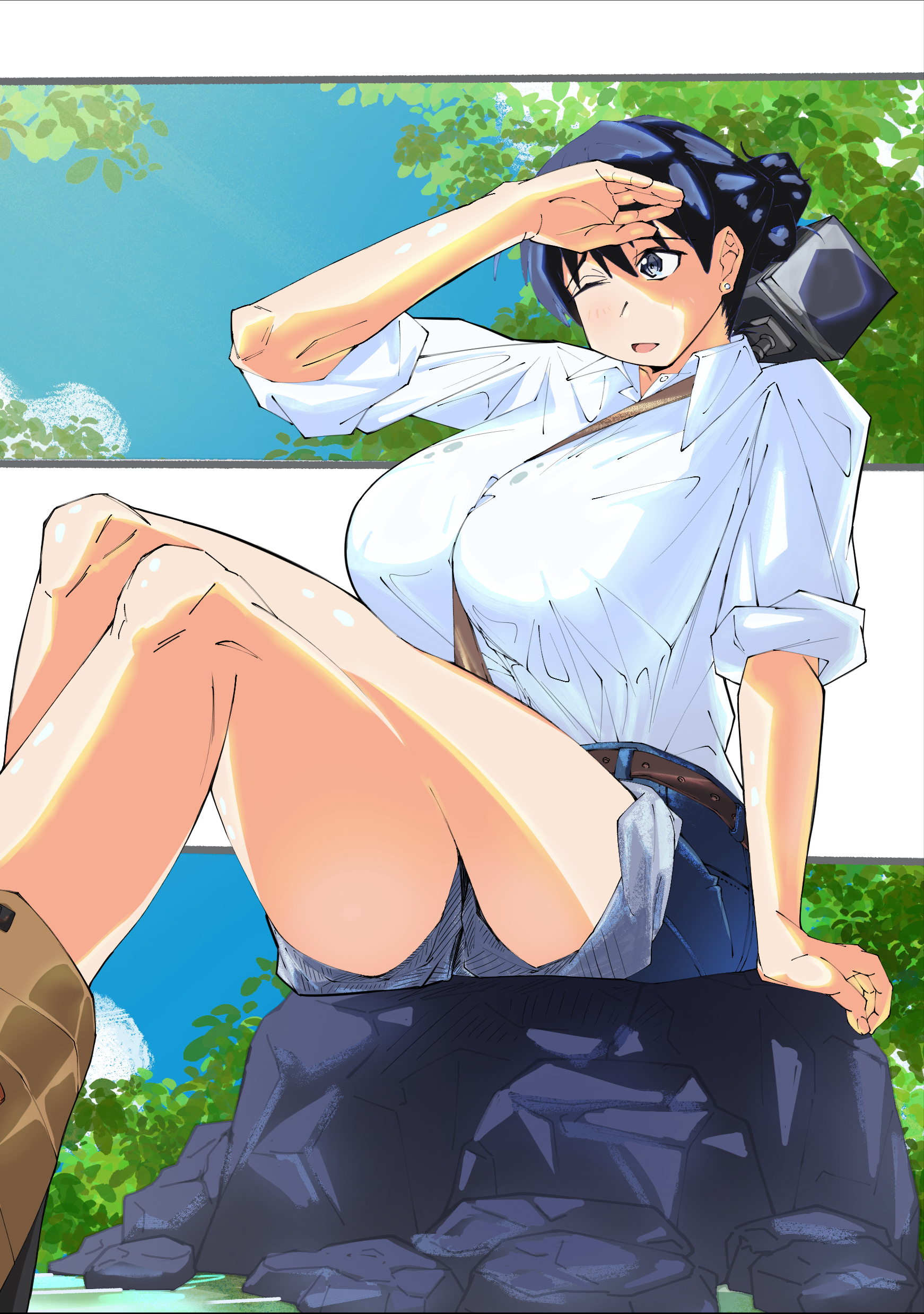 arato nagi, ruri no houseki, absurdres, commentary, highres, 1girl, adapted costume, arm up, belt, black hair, blue eyes, blue shorts, breasts, brown belt, collared shirt, denim, denim shorts, earrings, feet out of frame, hammer, jewelry, large breasts, leaf, long hair, long legs, long sleeves, open mouth, rock, shading eyes, shirt, shirt tucked in, shorts, sitting, sleeves rolled up, solo, stud earrings, thighs, tree, user nmwp4827, white shirt, wing collar