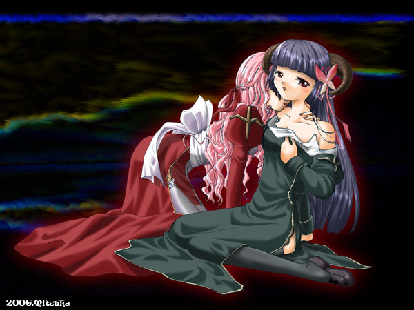 high priest (ragnarok online), priest (ragnarok online), ragnarok online, commentary request, 2000s (style), 2006, 2girls, abstract background, back bow, black background, black shoes, black thighhighs, blunt bangs, blush, bow, breasts, brown horns, butterfly hair ornament, dress, full body, garter straps, grey dress, hair ornament, hand on another's neck, hime cut, horns, juliet sleeves, long hair, long sleeves, looking at viewer, medium breasts, multiple girls, open mouth, pink hair, puffy sleeves, purple eyes, purple hair, red dress, sash, shoes, side slit, thighhighs, wavy hair, white bow, white sash, white thighhighs, yuri, yuzu (myrica)