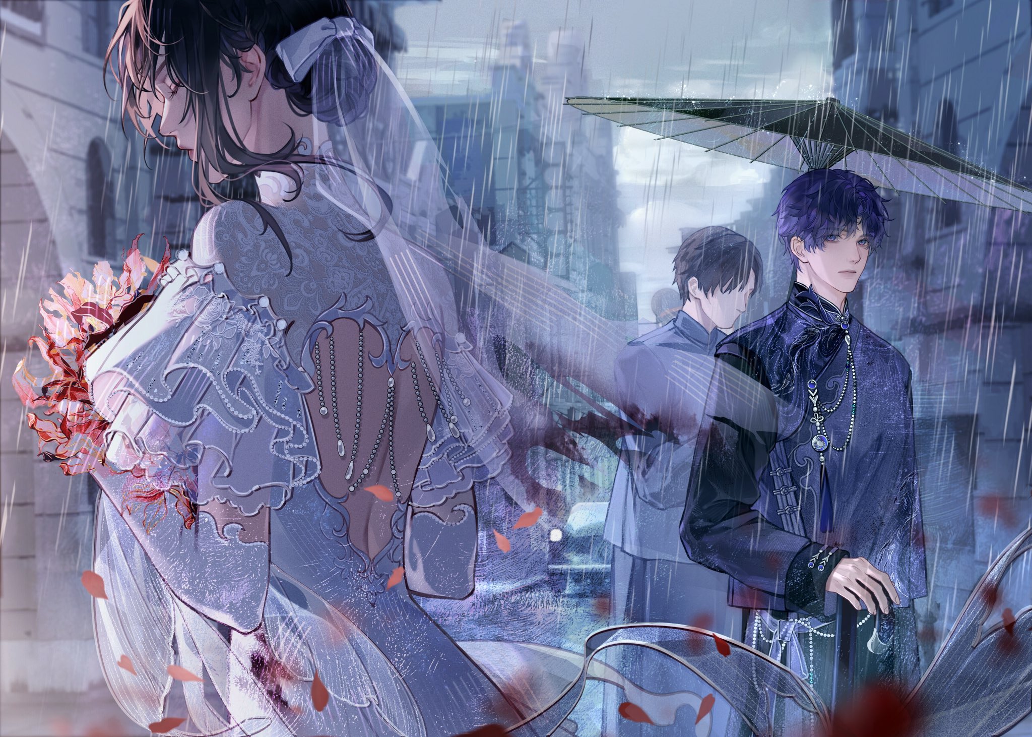 protagonist (love and deepspace), rafayel (love and deepspace), love and deepspace, chinese commentary, highres, 1girl, 2boys, back cutout, backless dress, backless outfit, black hair, black robe, black umbrella, bouquet, bow, braid, braided bun, bridal veil, bride, building, burnt clothes, car, changpao, chinese clothes, closed eyes, closed mouth, clothing cutout, dress, elbow gloves, faceless, faceless male, falling petals, flower, frilled sleeves, frills, from side, gem, gloriosa (flower), gloves, hair bow, hair bun, holding, holding bouquet, hualushui, lips, long sleeves, looking at another, looking to the side, motor vehicle, multiple boys, oil-paper umbrella, outdoors, parted bangs, pearl (gemstone), petals, profile, purple eyes, purple hair, purple robe, rain, red flower, road, robe, shared umbrella, short hair, short sleeves, sidelocks, sideways glance, single hair bun, street, tassel, two-tone robe, umbrella, veil, wedding dress, white bow, white dress, white gloves