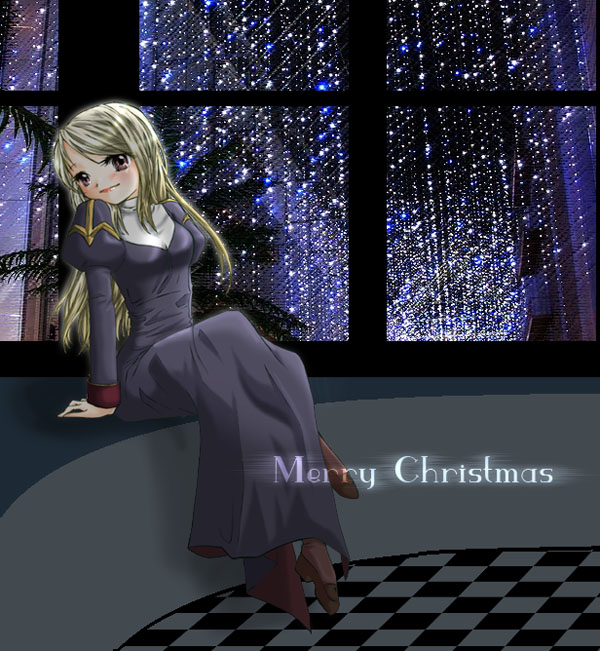 priest (ragnarok online), ragnarok online, commentary request, 1girl, 2000s (style), blonde hair, blush, breasts, brown eyes, brown shoes, checkered floor, christmas lights, closed mouth, dress, full body, grey dress, indoors, juliet sleeves, long hair, long sleeves, looking at viewer, medium breasts, merry christmas, puffy sleeves, shoes, sitting, smile, solo, window, yuzu (myrica)