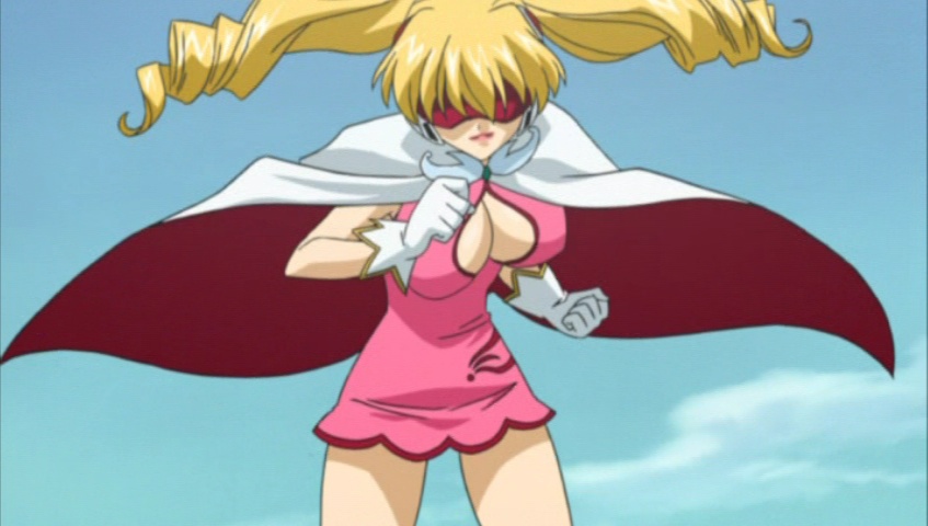 nene (kirameki project), kirameki project, screencap, 00s, 1girl, blonde hair, breasts, cape, cleavage, cleavage cutout, clothing cutout, cloud, cloudy sky, dress, drill hair, female focus, gloves, hidden eyes, large breasts, lipstick, long hair, makeup, pink dress, sky, smirk, solo, twintails, white cape, white gloves