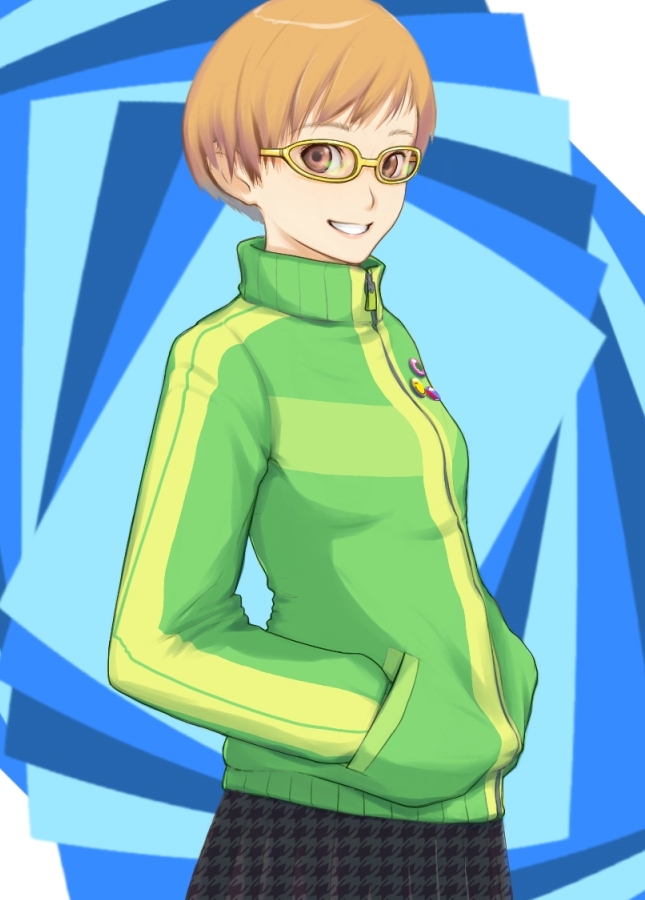 nanahime, satonaka chie, atlus, persona, persona 4, 1girl, brown eyes, brown hair, female focus, glasses, jacket, lapel pin, pin, short hair, skirt, smile, solo, tomboy, track jacket, yellow-framed eyewear, zipper