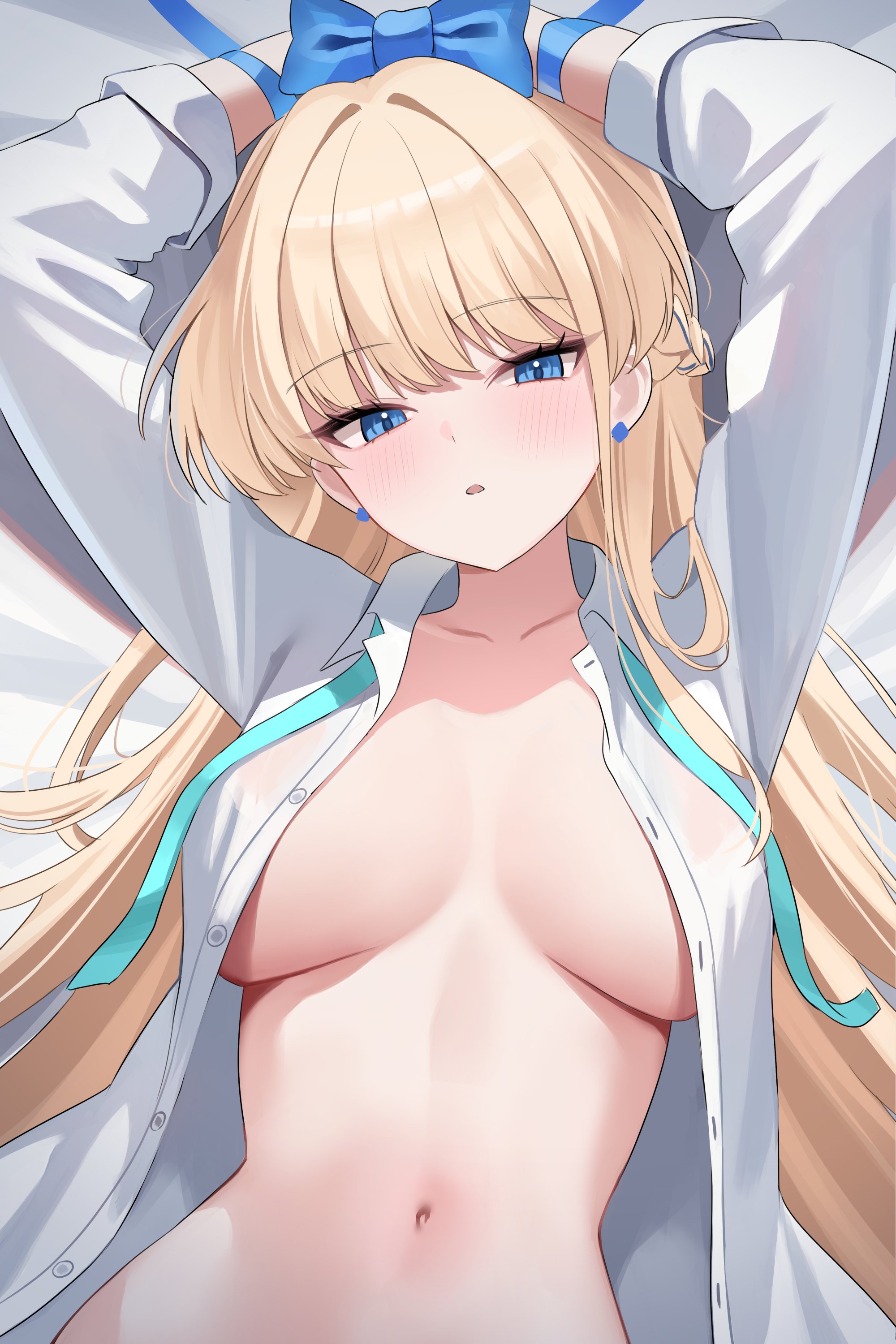 nannung, toki (blue archive), blue archive, absurdres, highres, 1girl, blonde hair, blue eyes, blue ribbon, blush, breasts, collarbone, large breasts, long hair, long sleeves, looking at viewer, lying, navel, on back, open clothes, open shirt, restrained, ribbon, shirt, solo, white shirt