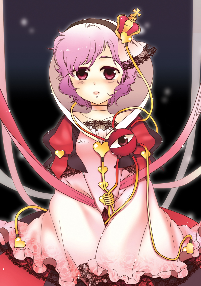 komeiji satori, touhou, bad id, bad pixiv id, 1girl, alternate costume, crown, dress, female focus, gradient background, heart, pink eyes, pink hair, short hair, solo