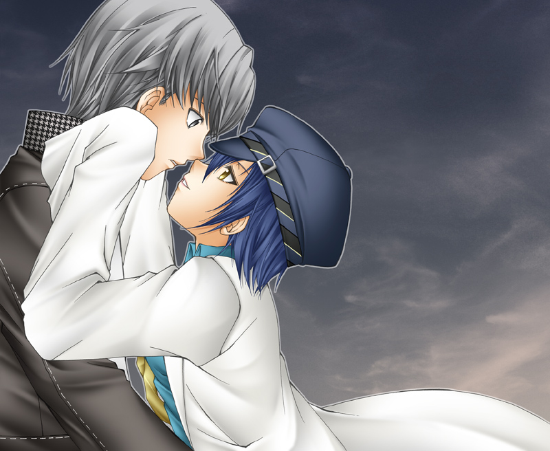 chibiken, narukami yu, shadow (persona), shirogane naoto, atlus, persona, persona 4, silver hair, 1boy, 1girl, androgynous, blue hair, blush, couple, grey eyes, hat, hetero, jacket, lab coat, necktie, newsboy cap, reverse trap, short hair, yellow eyes