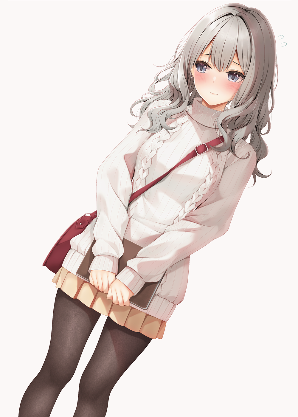 minato ojitan, original, commentary request, highres, variant set, 1girl, aran sweater, bag, black pantyhose, blush, book, brown skirt, cable knit, closed mouth, double-parted bangs, dutch angle, feet out of frame, grey eyes, grey hair, holding, holding book, long hair, long sleeves, miniskirt, pantyhose, pleated skirt, shoulder bag, simple background, skirt, solo, standing, sweater, turtleneck, turtleneck sweater, wavy hair, white background, white sweater
