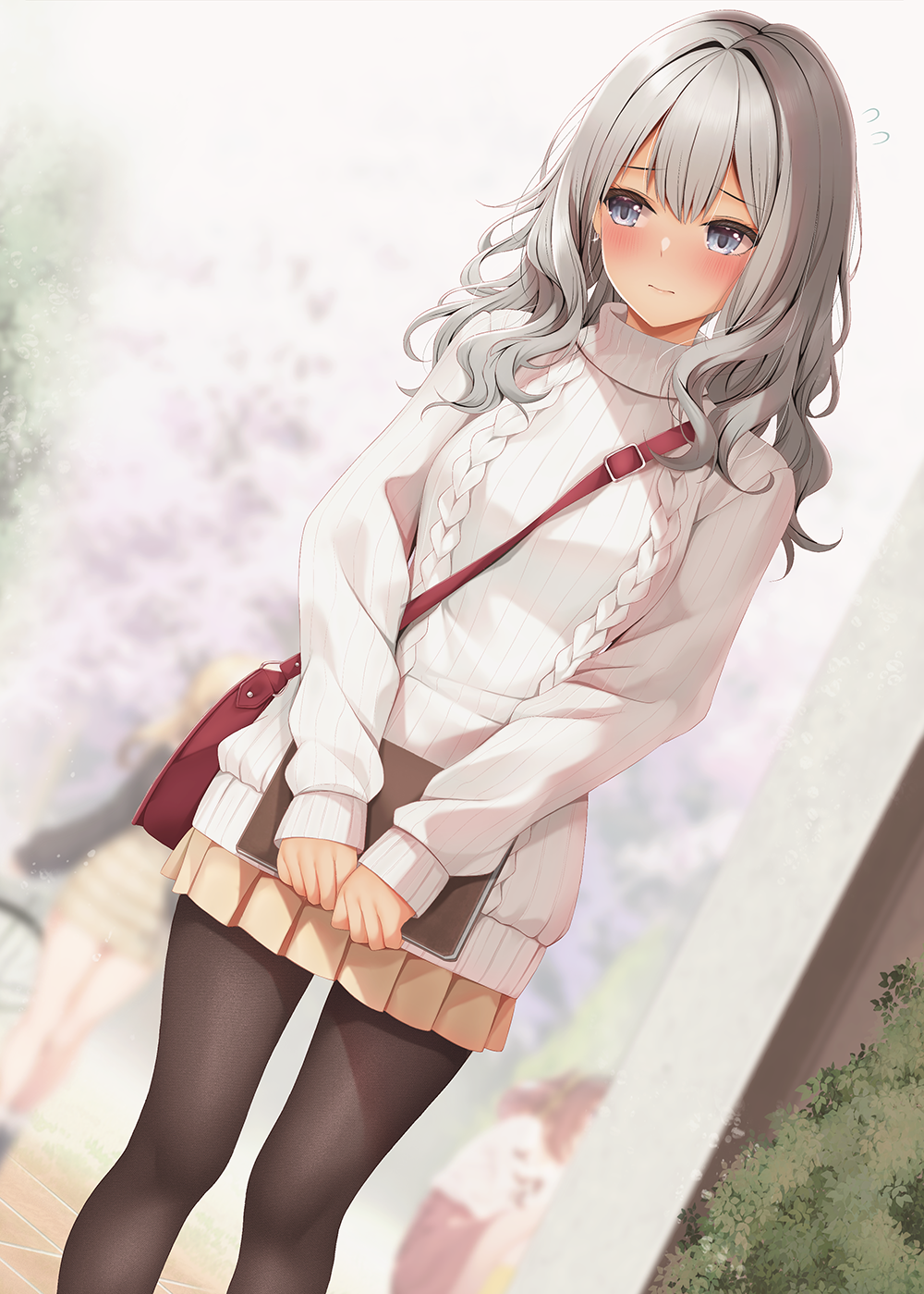 minato ojitan, original, commentary request, highres, variant set, 1girl, aran sweater, bag, black pantyhose, blush, book, brown skirt, cable knit, closed mouth, day, double-parted bangs, dutch angle, feet out of frame, grey eyes, grey hair, holding, holding book, long hair, long sleeves, miniskirt, outdoors, pantyhose, pleated skirt, shoulder bag, skirt, solo, standing, sweater, tan, turtleneck, turtleneck sweater, wavy hair, white sweater