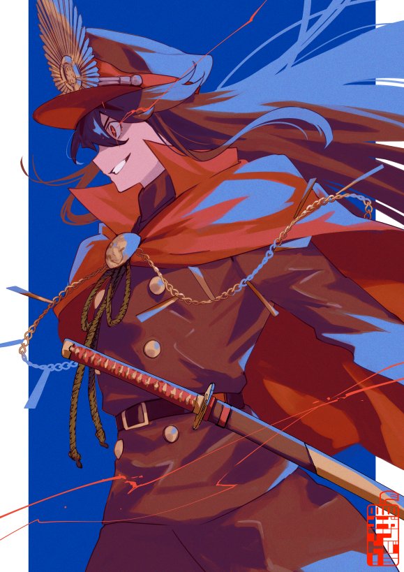 teria (teriarian), oda nobunaga (fate), fate/grand order, fate (series), 1girl, belt, black belt, black hair, blue background, buttons, cape, collared cape, crest, family crest, flaming eye, grin, hat, katana, medallion, military hat, oda uri, outside border, peaked cap, pillarboxed, popped collar, red cape, sheath, sheathed, smile, solo, sword, weapon