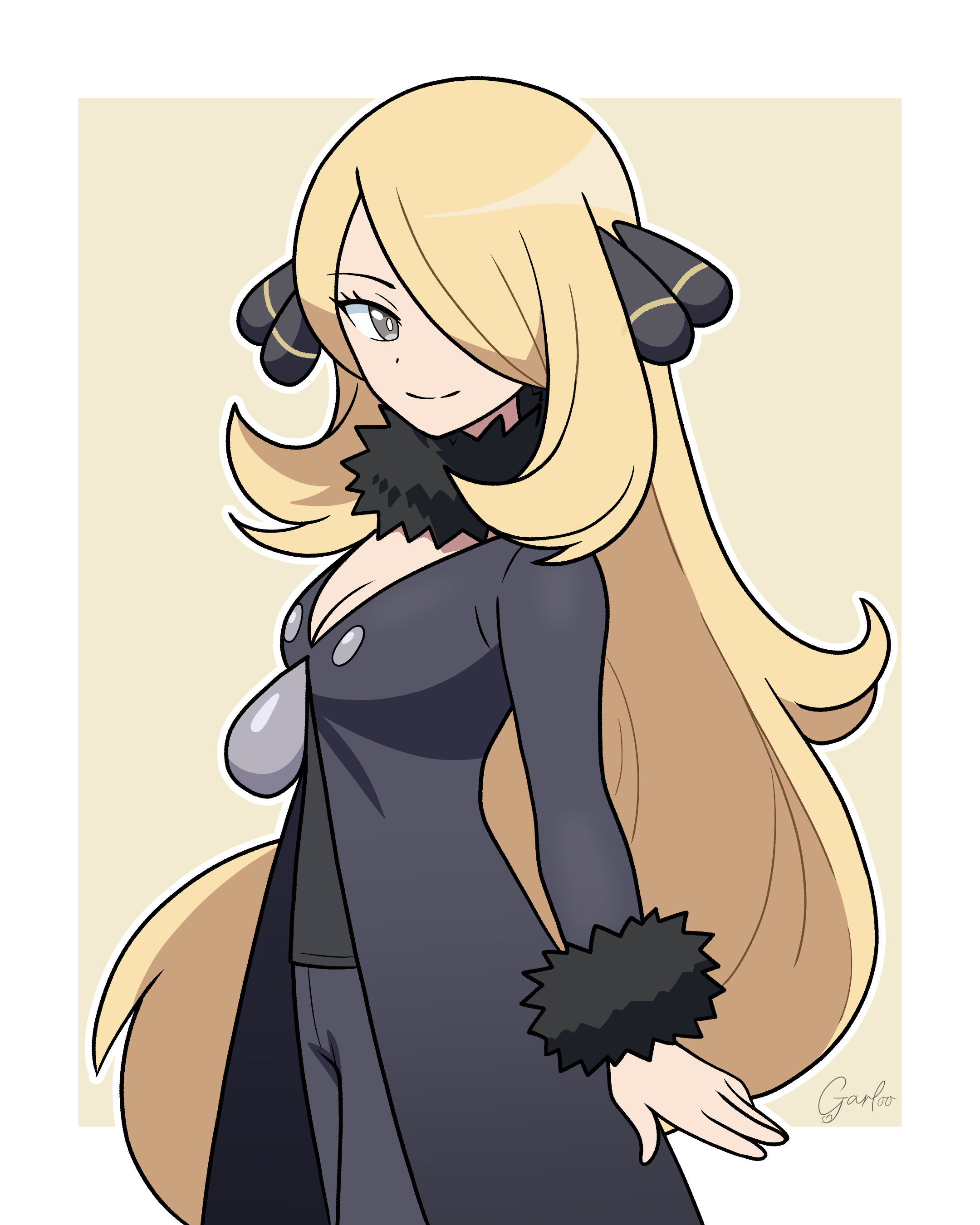garloo, cynthia (pokemon), nintendo, pokemon, pokemon dppt, absurdres, highres, 1girl, black coat, black pants, black shirt, blonde hair, border, breasts, cleavage, closed mouth, coat, cowboy shot, fur-trimmed sleeves, fur collar, fur trim, grey eyes, hair ornament, hair over one eye, long hair, looking at viewer, medium breasts, pants, shirt, smile, solo, very long hair, white border