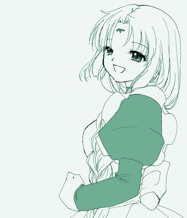 canal vorfeed, lost universe, commentary request, 1girl, braid, facial mark, forehead mark, green theme, juliet sleeves, long hair, long sleeves, looking at viewer, looking to the side, monochrome, open mouth, puffy sleeves, simple background, smile, solo, upper body, yuzu (myrica)