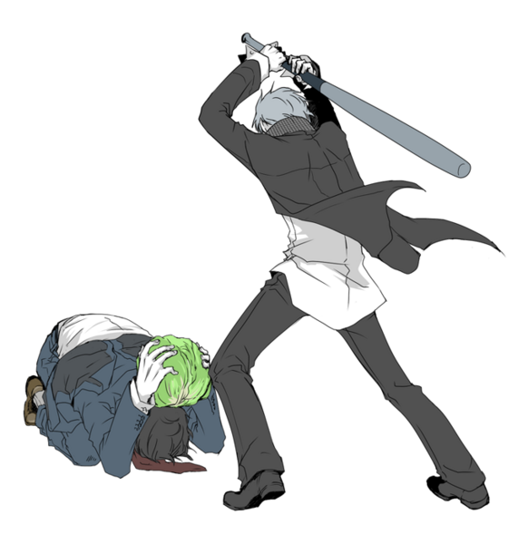 kaina (b-white), adachi tooru, narukami yu, atlus, persona, persona 4, bad id, bad pixiv id, 2boys, abuse, baseball bat, cabbage, formal clothes, male focus, multiple boys, school uniform, suit