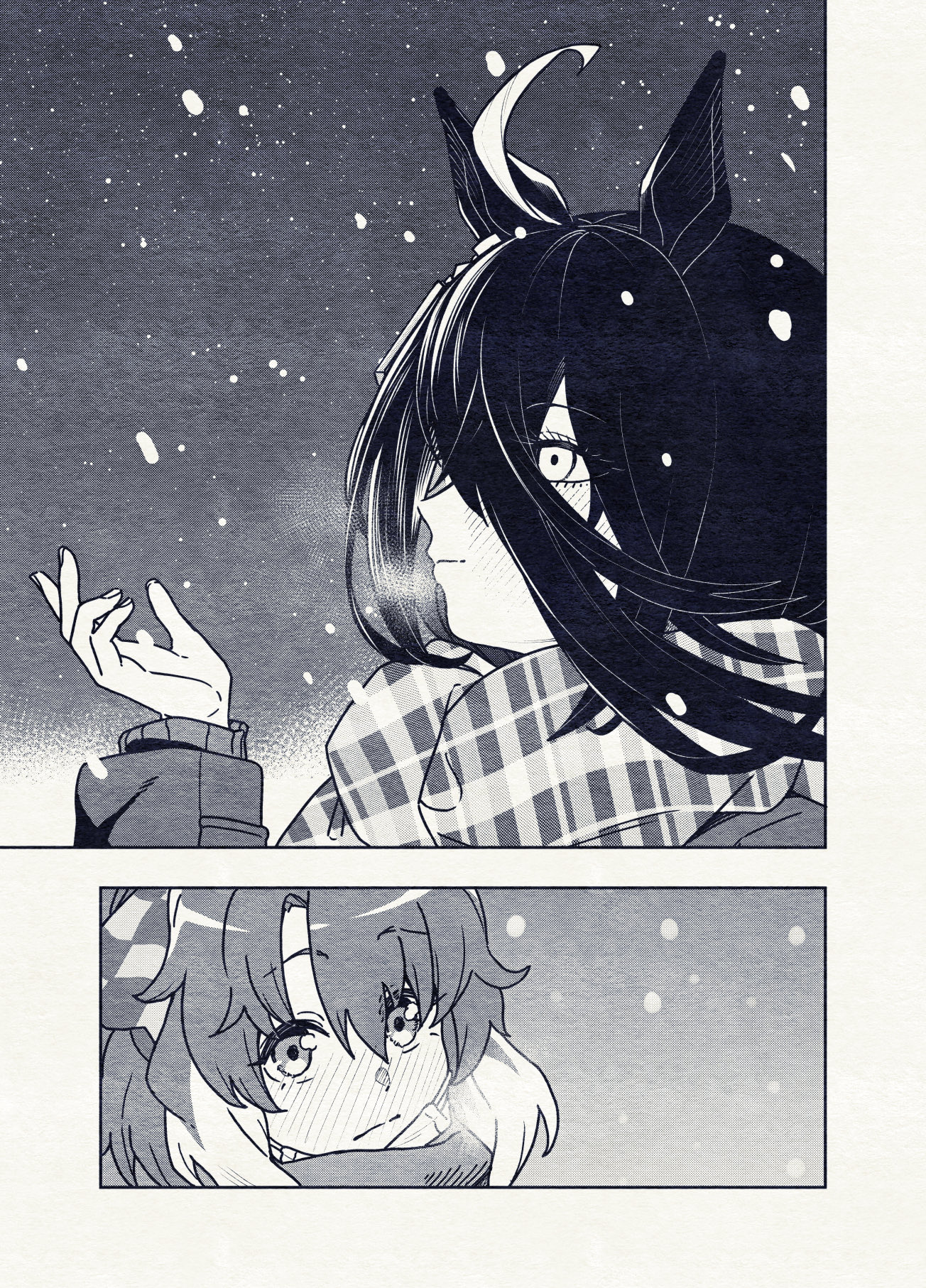 kimihitsuji, dantsu flame (umamusume), manhattan cafe (umamusume), umamusume, umamusume: beginning of a new era, commission, highres, skeb commission, animal ears, bow, checkered ribbon, ear covers, ear ornament, ear ribbon, ear tag, greyscale, hair between eyes, horse ears, horse girl, horse tail, lab coat, long bangs, long hair between eyes, monochrome, school uniform, tail, tracen school uniform