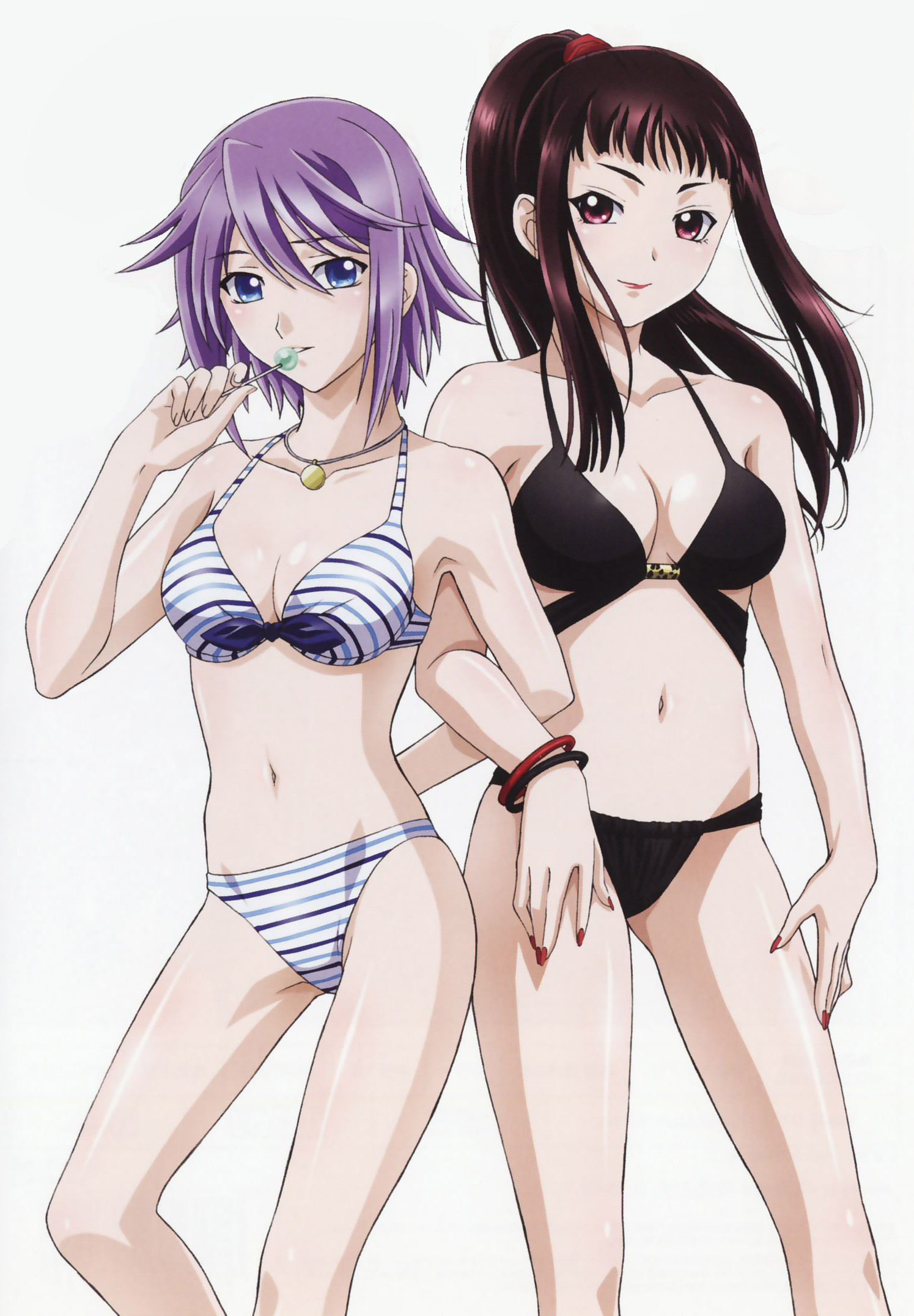 shirayuki mizore, toujou ruby, rosario+vampire, striped, highres, third-party edit, 00s, 2girls, bikini, blue eyes, breasts, brown hair, candy, cleavage, fingernails, lollipop, long hair, medium breasts, multiple girls, nail polish, ponytail, purple hair, red eyes, red hair, red nails, short hair, small breasts, swimsuit