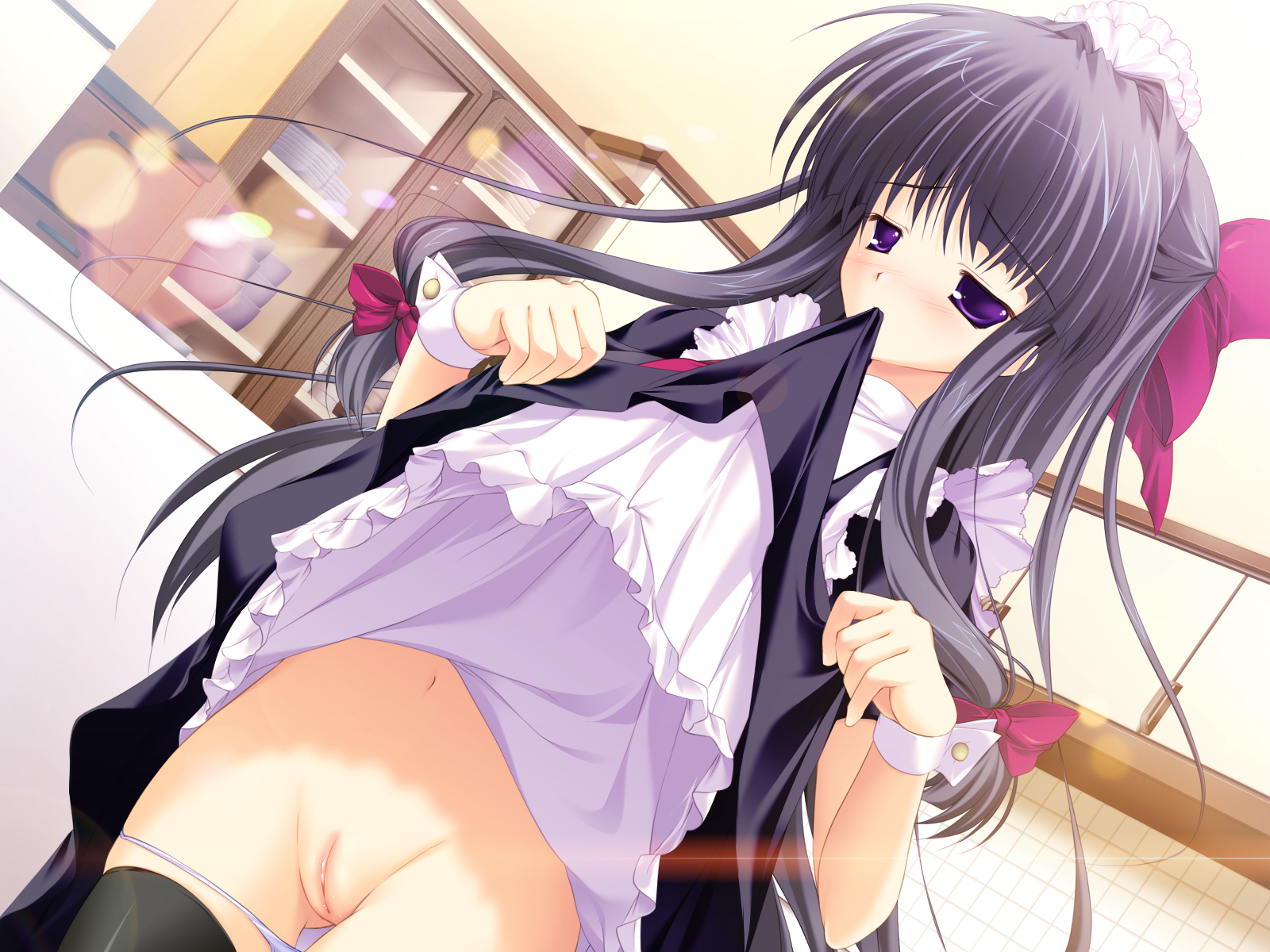 mikeou, tsukimiya kaede, lyrical ds, miraroma, game cg, highres, 1girl, black hair, blush, clothes lift, dress, dress lift, female focus, long hair, maid, mouth hold, navel, panties, panty pull, purple eyes, pussy, skirt, skirt lift, solo, thigh gap, thighhighs, uncensored, underwear, white panties, wrist cuffs