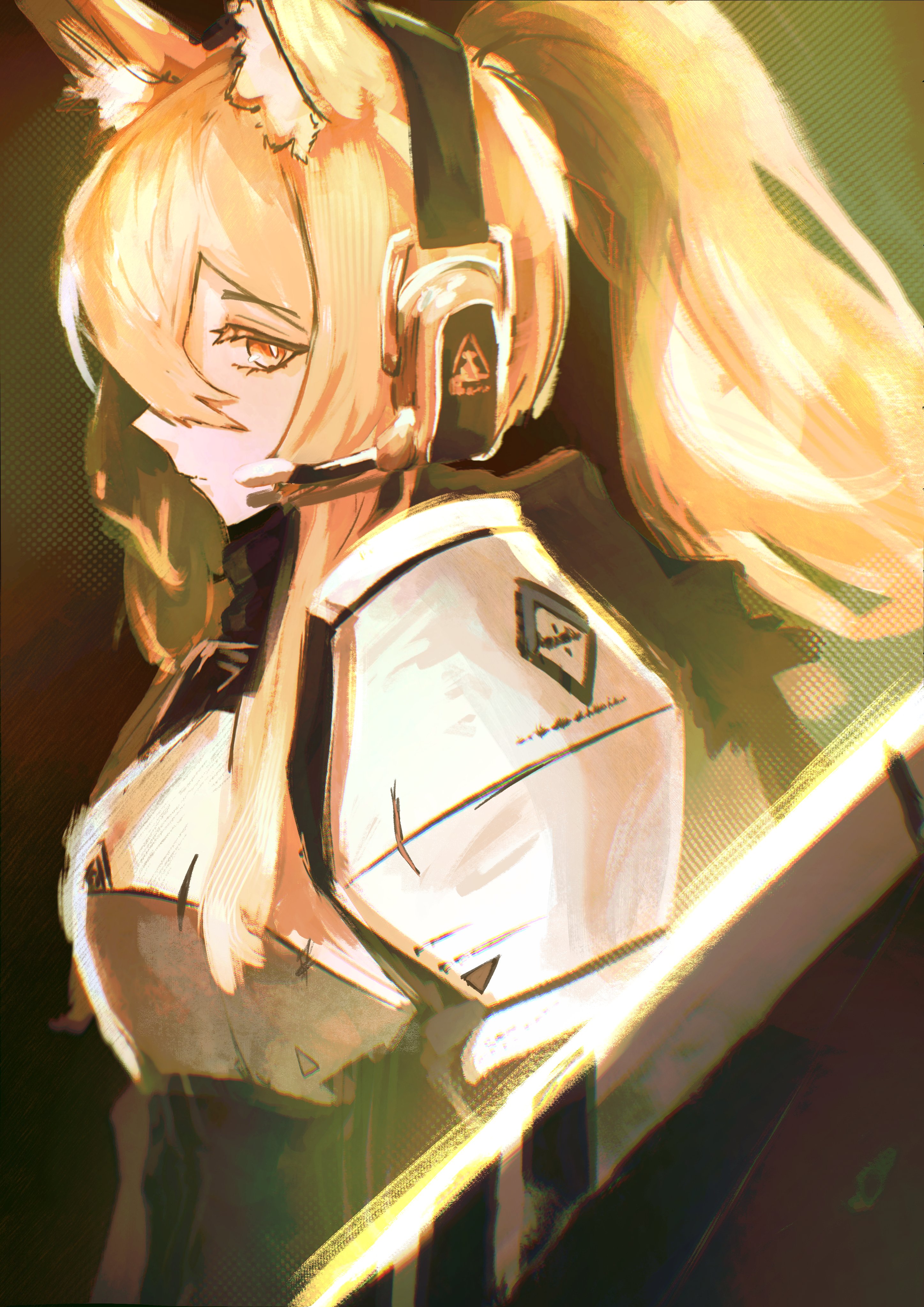 peemy, nearl (arknights), arknights, absurdres, highres, 1girl, animal ear fluff, animal ears, armor, blonde hair, breastplate, closed mouth, hair between eyes, headphones, holding, holding shield, implied extra ears, long hair, looking at viewer, orange eyes, pauldrons, ponytail, shield, shoulder armor, sidelocks, solo