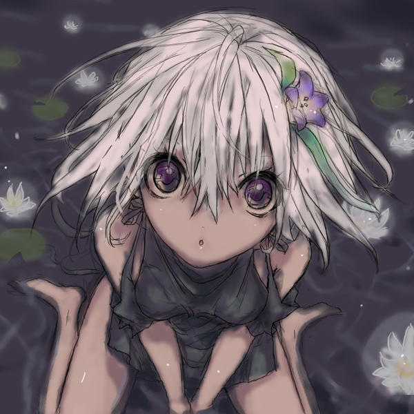 ren (fragile), fragile, fragile: sayonara tsuki no haikyo, namco, silver hair, 1girl, bare shoulders, barefoot, breasts, feet, female focus, flower, hair flower, hair ornament, looking up, purple eyes, short hair, sitting, solo, water