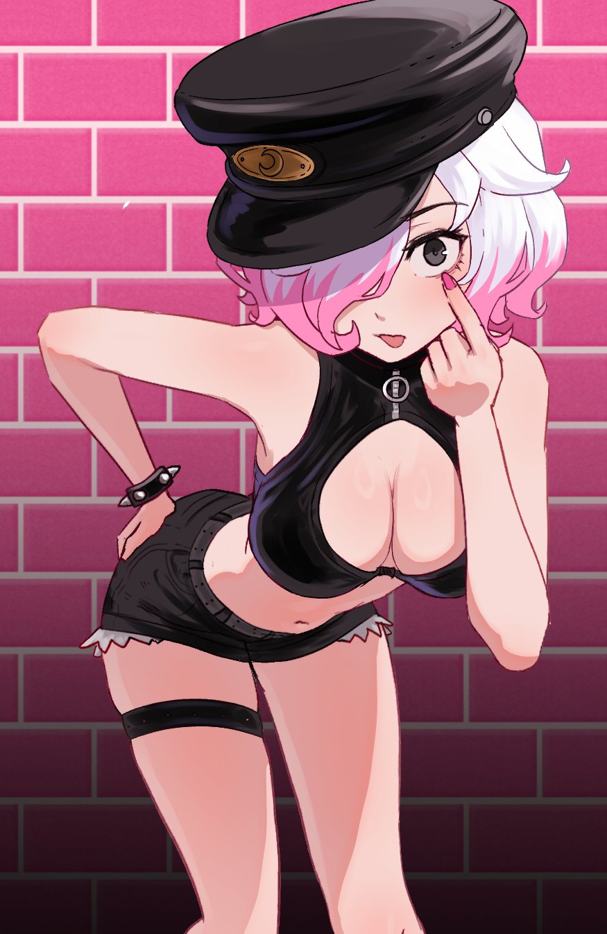 brikot, original, highres, 1girl, akanbe, black shorts, breasts, cleavage, eyelid pull, hair over one eye, hat, large breasts, looking at viewer, multicolored hair, navel, pink hair, shorts, solo, thigh strap, tongue, tongue out, white hair