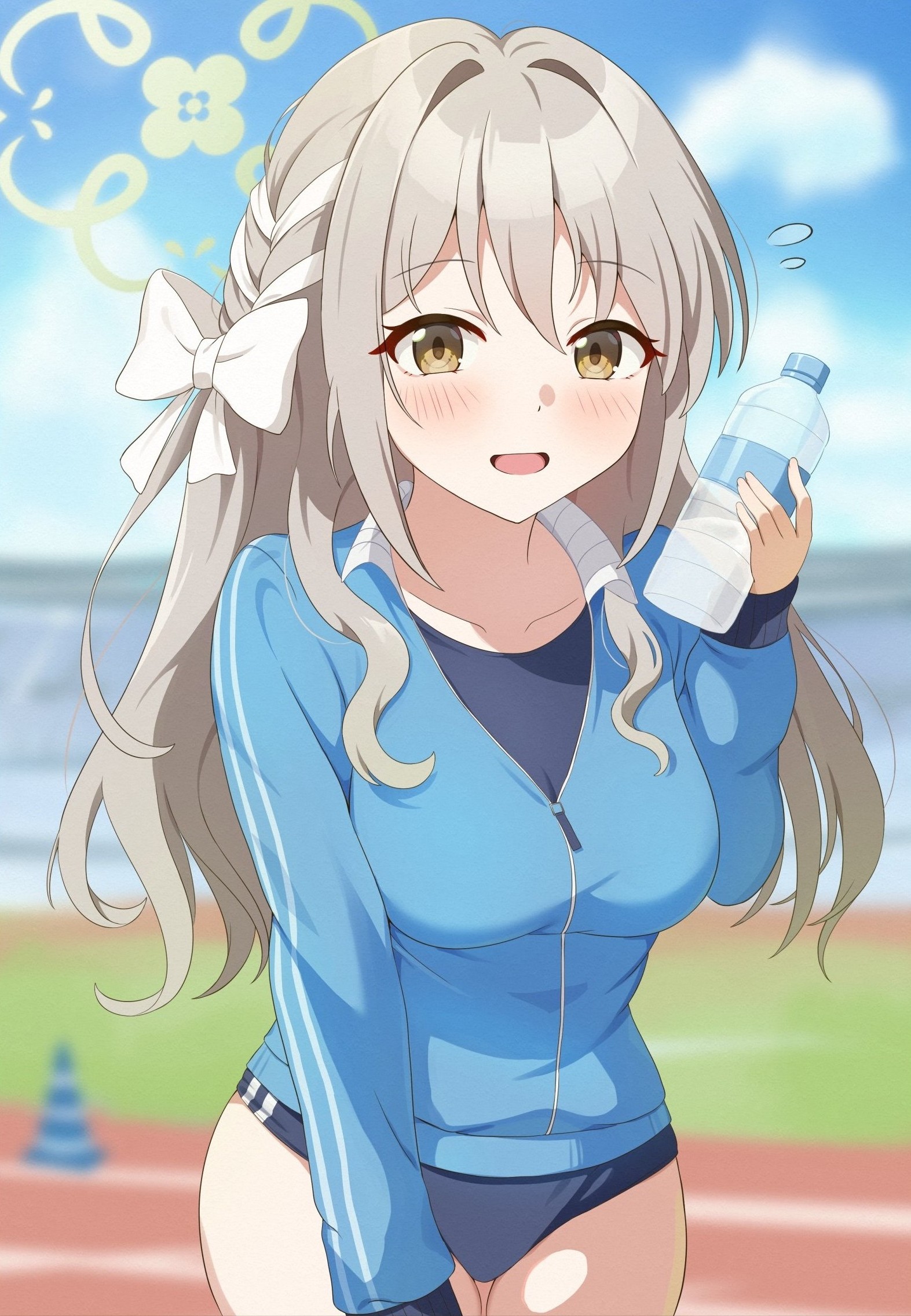 itaba atsushi, miyo (blue archive), blue archive, highres, 1girl, black buruma, blue jacket, blue sky, blurry, blurry background, blush, bottle, bow, breasts, brown eyes, brown hair, buruma, cloud, collarbone, day, green halo, hair bow, halo, holding, holding bottle, jacket, large breasts, long hair, looking at viewer, mole, mole under mouth, open mouth, outdoors, plastic bottle, sky, solo, track and field, water bottle, white bow