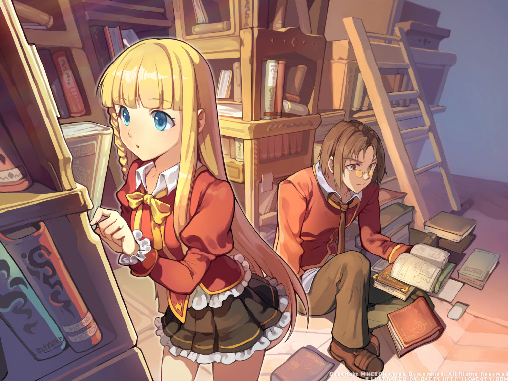 caesty, maximin liebkne, tichiel juspian, nexon, tales weaver, commentary, english commentary, official art, 1boy, 1girl, 2014, artist name, black skirt, blue eyes, blue pupils, blunt bangs, book, bookshelf, braid, braided sidelock, brown eyes, brown hair, brown pants, brown shoes, closed mouth, collared shirt, company name, copyright notice, dated commentary, frilled shirt, frilled skirt, frills, glasses, indoors, jacket, juliet sleeves, ladder, layered sleeves, legs apart, library, light blush, long hair, long sidelocks, long sleeves, necktie, nenyaffle, nenyaffle school uniform, open book, open mouth, pants, parted bangs, parted hair, parted lips, pince-nez, pleated skirt, puffy sleeves, reading, red jacket, red sleeves, ribbon, rug, school uniform, shirt, shoes, short over long sleeves, short sleeves, sidelocks, single braid, sitting, skirt, sleeve cuffs, standing, very long hair, watermark, web address, white shirt, wing collar, wooden floor, yellow necktie, yellow ribbon