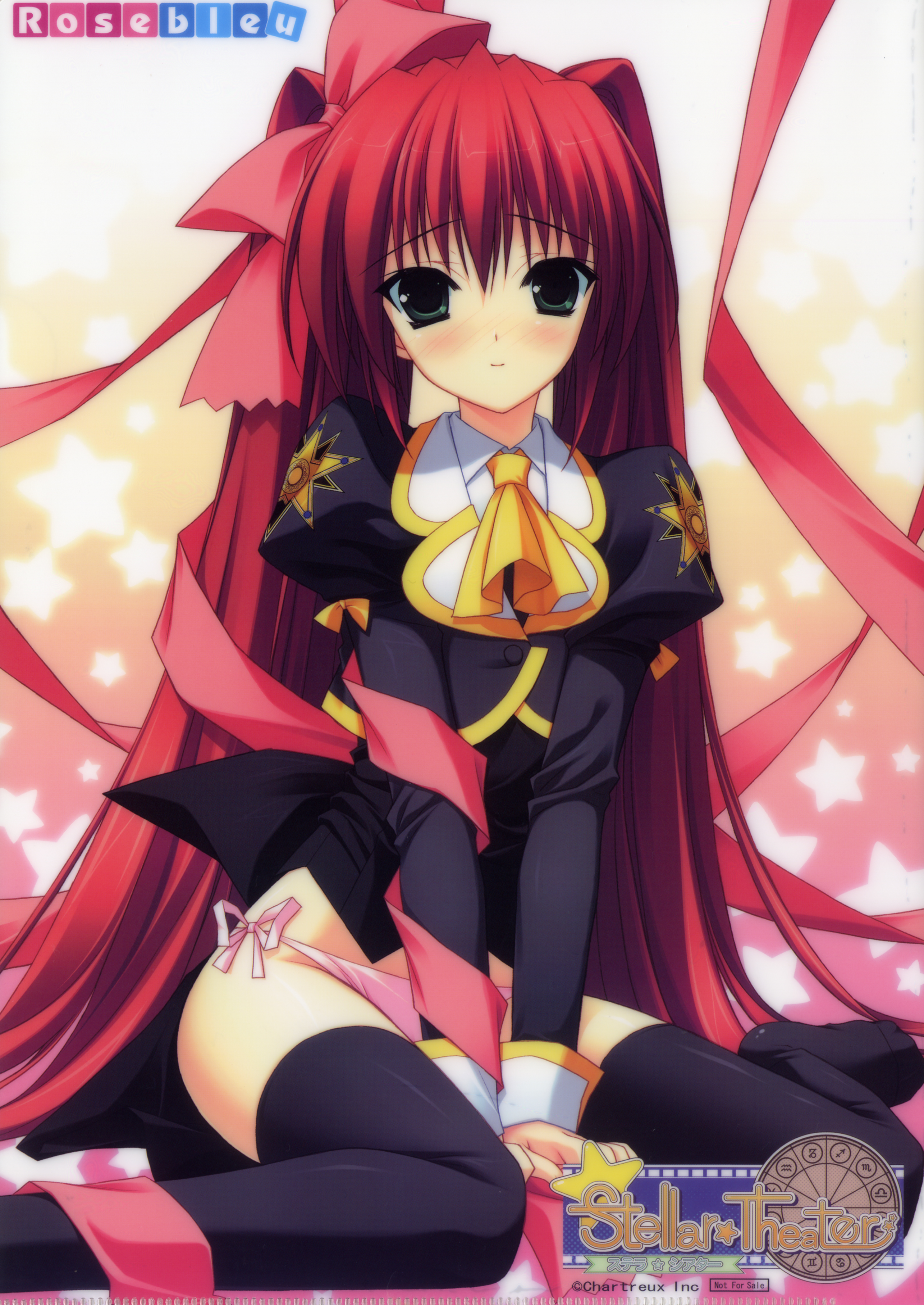 suzuhira hiro, izumi sora, stellar theater, absurdres, highres, 1girl, black thighhighs, blush, female focus, green eyes, panties, red hair, ribbon, school uniform, side-tie panties, sitting, solo, thighhighs, twintails, underwear