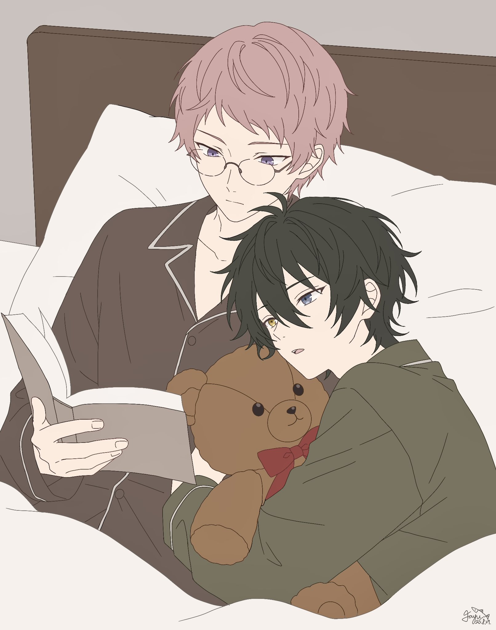 itsuki shu, kagehira mika, ensemble stars!, commentary request, highres, 2boys, bespectacled, black hair, blue eyes, book, bow, bowtie, buttons, closed mouth, dated, fingernails, glasses, hair between eyes, heterochromia, holding, holding book, hugging object, long sleeves, lying, male focus, multiple boys, nisesakana, on side, open book, open mouth, pajamas, pink hair, purple eyes, reading together, red bow, red bowtie, short bangs, short hair, signature, stuffed animal, stuffed toy, teddy bear, upper body, valkyrie (ensemble stars!), yellow eyes
