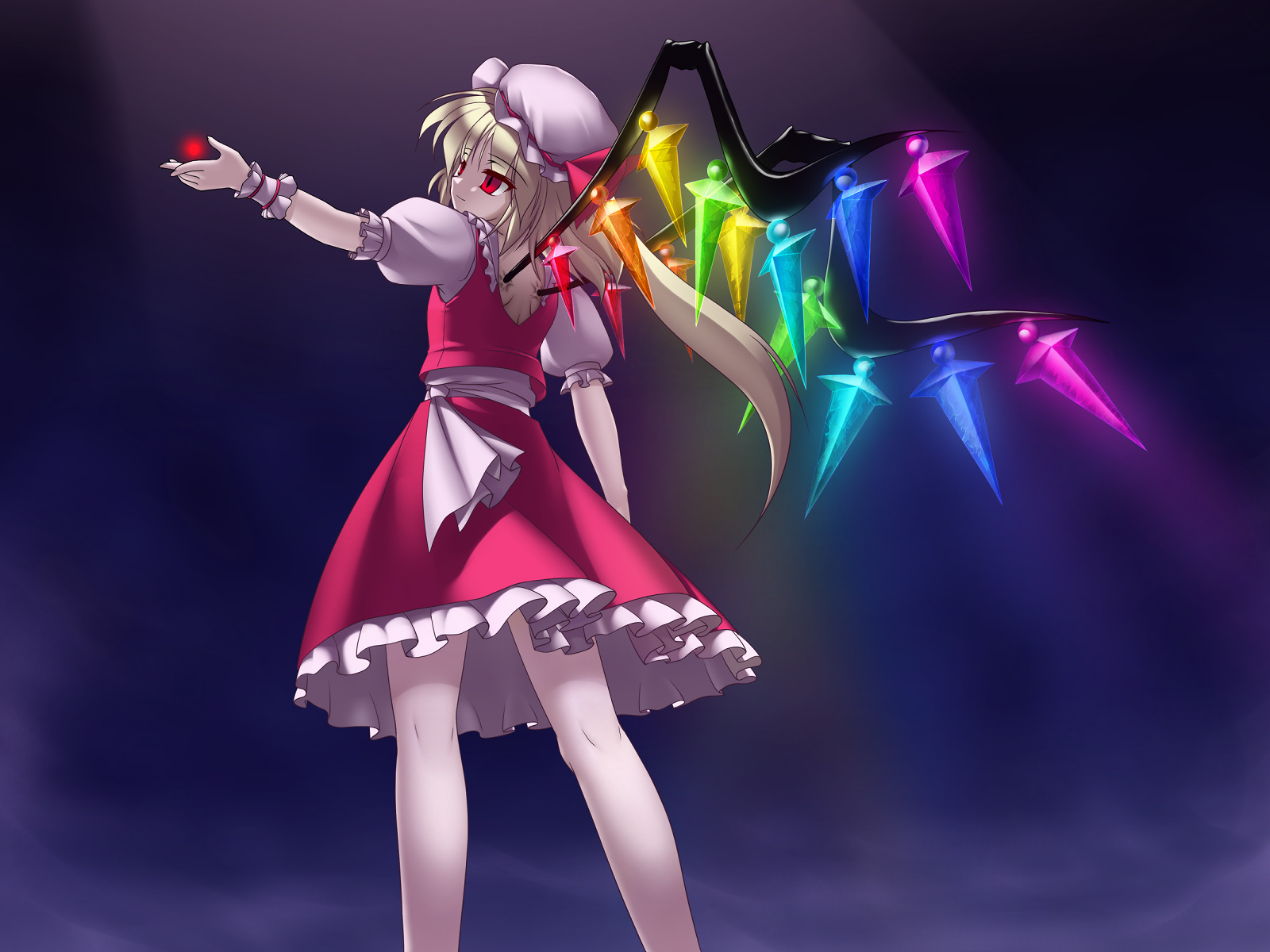 suematsu jerry, flandre scarlet, touhou, highres, 1girl, arm up, blonde hair, blouse, blue background, dress, female focus, hat, mob cap, rainbow order, red dress, red eyes, shirt, solo, white hat, white shirt, wings