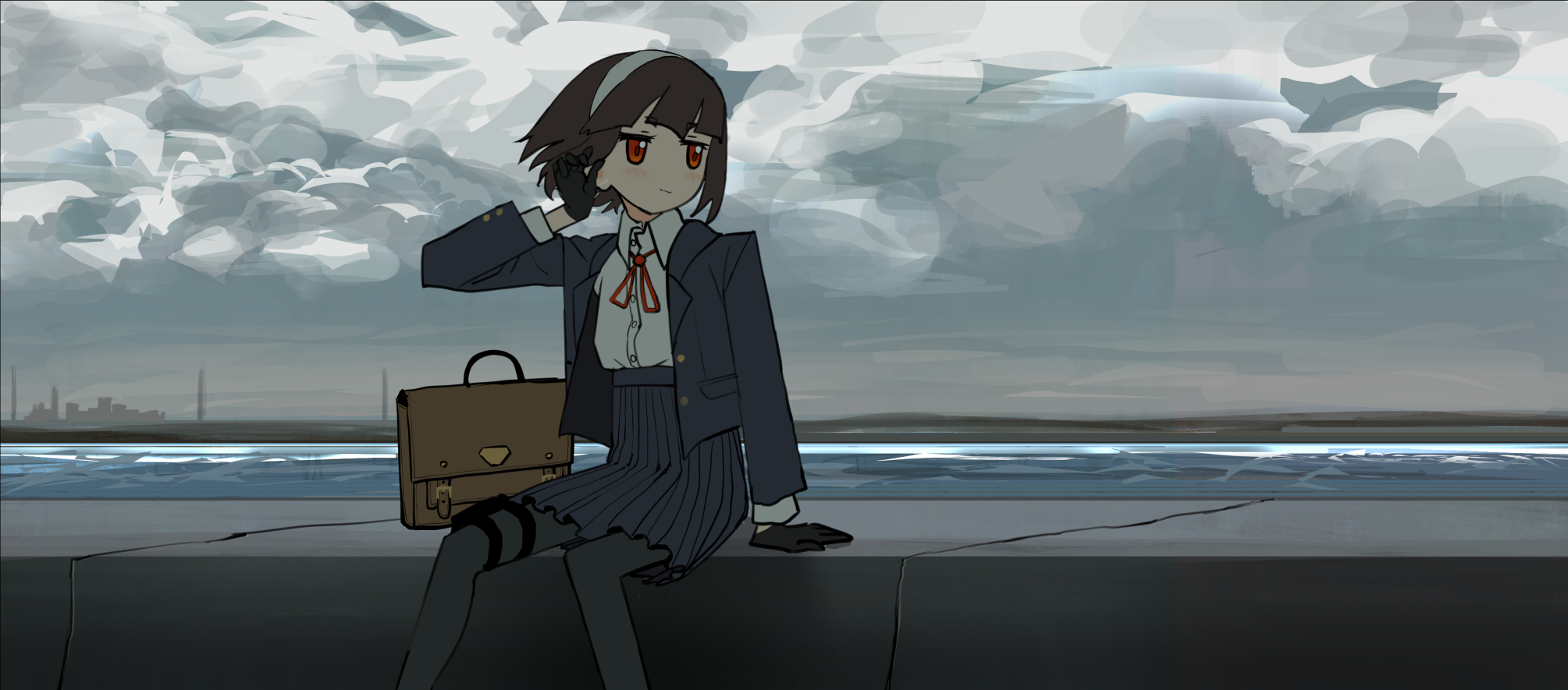 sqq, original, bad id, bad pixiv id, highres, 1girl, arm support, black gloves, black pantyhose, blazer, blue jacket, blue skirt, blush, briefcase, brown hair, cloud, cloudy sky, collared shirt, day, dress shirt, feet out of frame, gloves, hairband, hand in own hair, hand up, high-waist skirt, horizon, jacket, jitome, light smile, looking to the side, neck ribbon, ocean, on wall, open clothes, open jacket, outdoors, pantyhose, pleated skirt, pouch, red eyes, red ribbon, ribbon, shirt, shirt tucked in, short hair, sitting, skirt, sky, skyline, solo, thigh pouch, white hairband