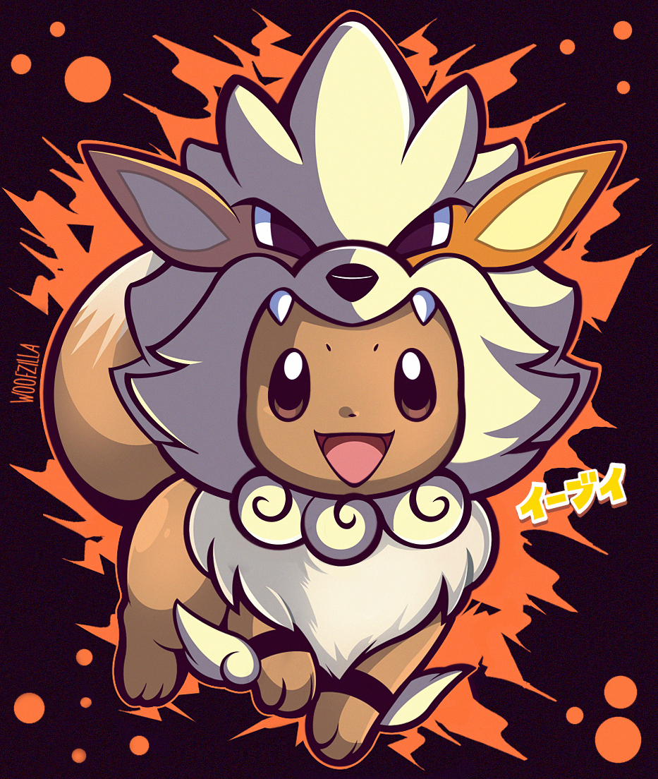 woofzilla, arcanine, eevee, nintendo, pokemon, commentary, english commentary, translation request, arcanine (cosplay), brown eyes, clothed pokemon, cosplay, full body, gen 1 pokemon, happy, no humans, open mouth, orange outline, outline, pokemon (creature), signature, solo