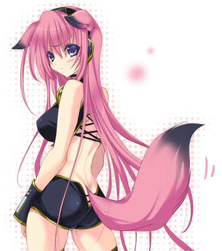 kumatora tatsumi, megurine luka, vocaloid, lowres, 1girl, animal ears, blue eyes, female focus, fox ears, fox tail, long hair, pink hair, solo, tail, tail hole, thighhighs, very long hair