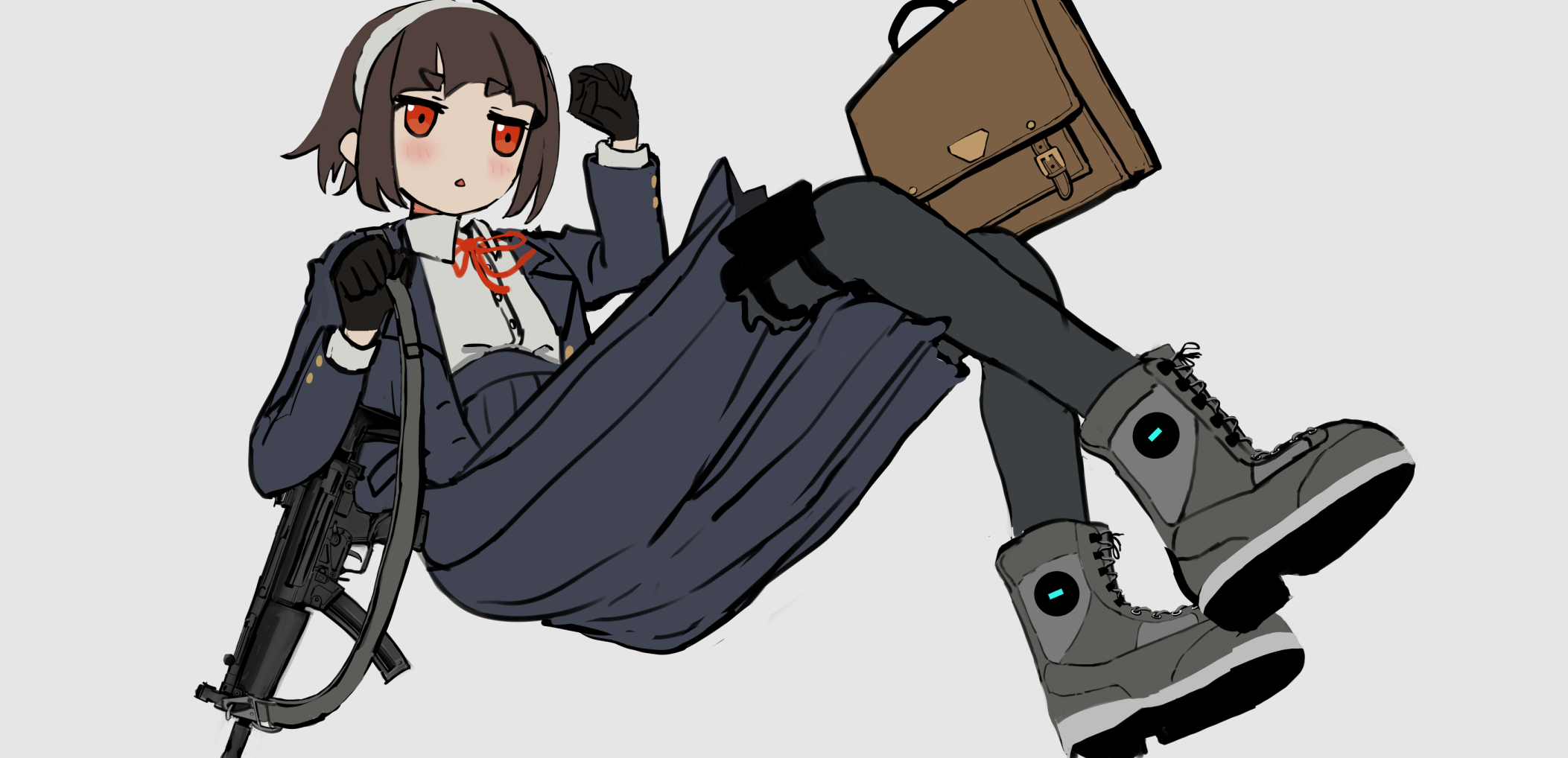 sqq, original, bad id, bad pixiv id, highres, 1girl, black gloves, black pantyhose, blazer, blue jacket, blue skirt, blush, boots, briefcase, brown hair, chestnut mouth, dress shirt, floating, full body, gloves, gun, h&k mp5, hairband, hands up, high-waist skirt, holding strap, jacket, jitome, long sleeves, neck ribbon, open clothes, open jacket, open mouth, pantyhose, pleated skirt, pouch, red eyes, red ribbon, ribbon, shirt, shirt tucked in, short hair, shoulder strap, simple background, skirt, solo, submachine gun, thigh pouch, weapon, white background, white hairband, white shirt
