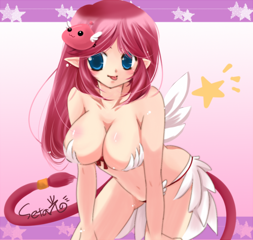 setahikaru, wanderer (ragnarok online), ragnarok online, commentary request, lowres, 1girl, bikini, blue eyes, blush, breasts, cleavage, closed mouth, cowboy shot, feathered wings, large breasts, leaning forward, long hair, looking at viewer, navel, pink background, pink hair, pointy ears, smile, solo, star (symbol), swimsuit, tongue, tongue out, white bikini, white wings, wings