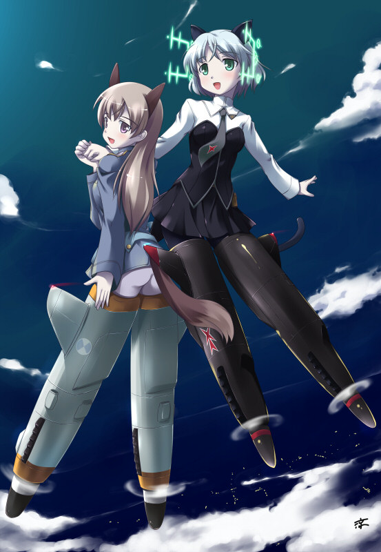 kougasha, eila ilmatar juutilainen, sanya v. litvyak, strike witches, world witches series, 00s, 2girls, animal ears, antennae, ass, black pantyhose, hirschgeweih antennas, multiple girls, pantyhose, striker unit, tail, white pantyhose